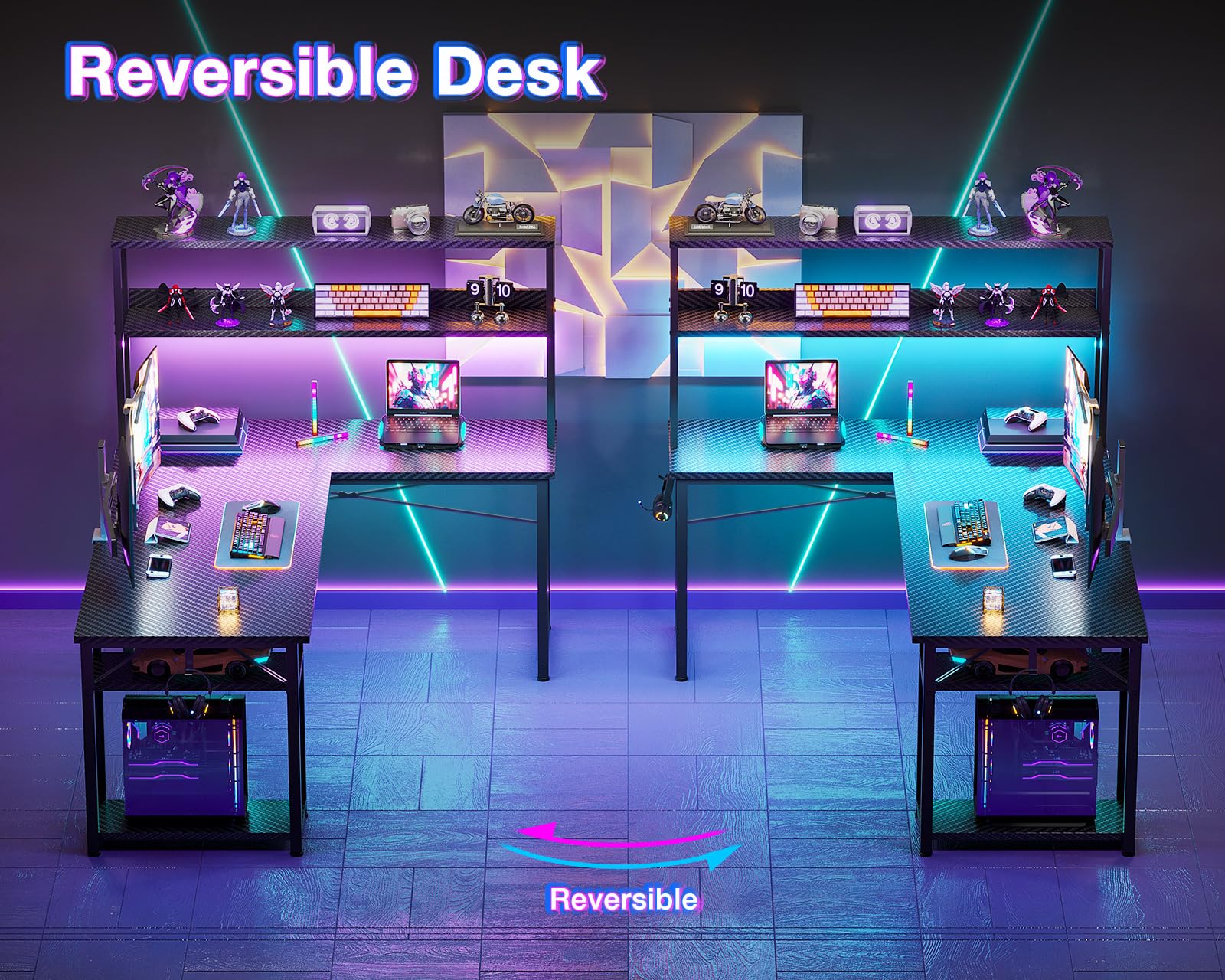 ODK 53" L Shaped Gaming Desk with Hutch & Headphone Hook, Corner Computer Table with Storage Shelves for Home Office, Black - Flex Gamingproduct_type