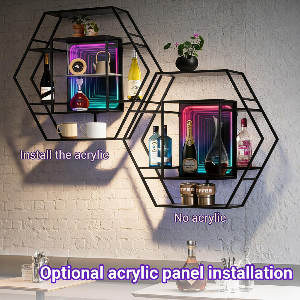 FUSLITE Infinity Mirror Gaming Floating Shelves with LED Lights, Hexagon Wall Mounted LED Shelf with RGB App Control, 36.6" Large Display Rack for Gaming Room Decor, Action Figures, Collectibles - Flex Gamingproduct_type