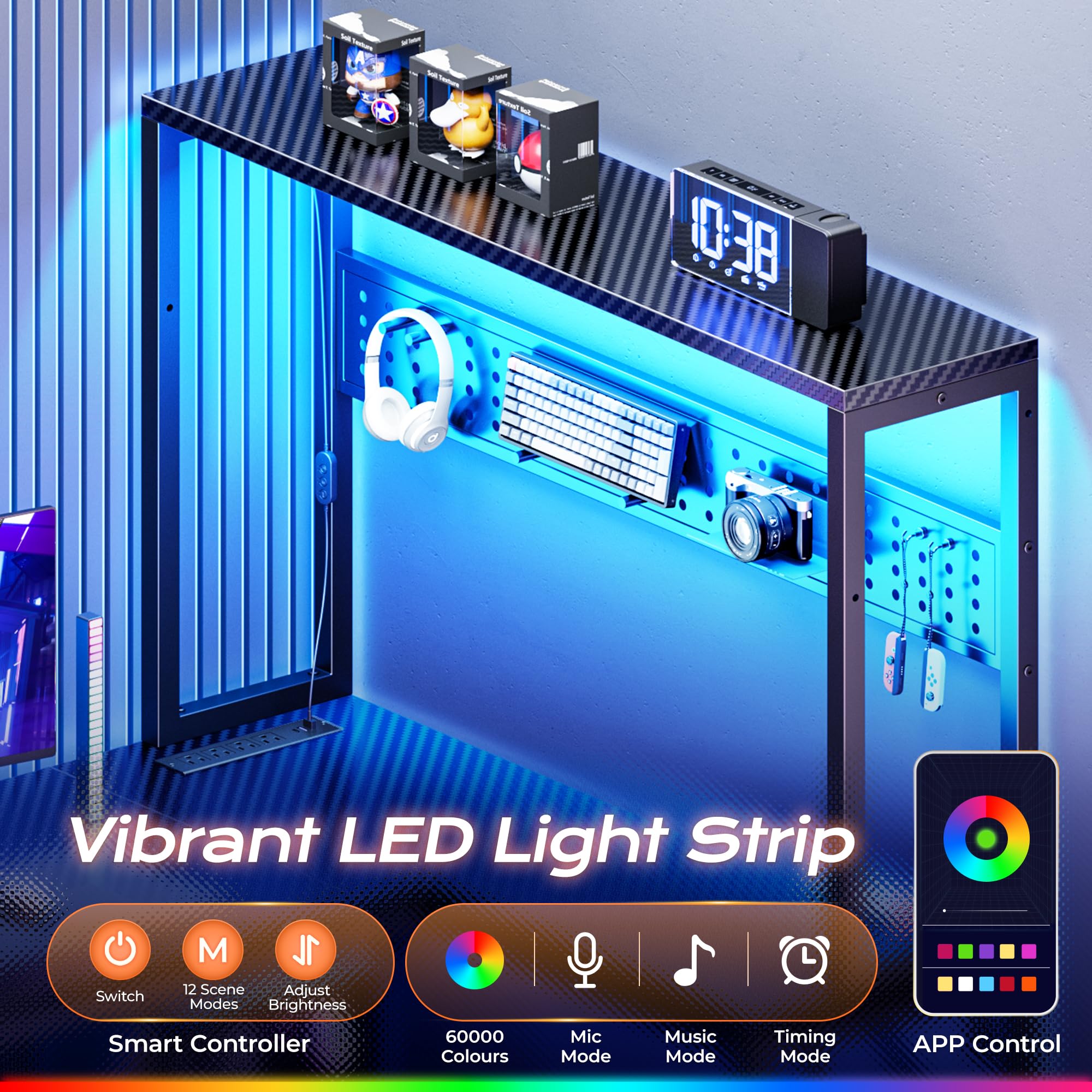 PRAISUN L Shaped Gaming Desk with LED Lights & Power Outlets, Reversible Computer Desk with Storage Shelves & Bag, Large Corner Home Office Desk with Pegboard for Work from Home, Black - Flex Gamingproduct_type