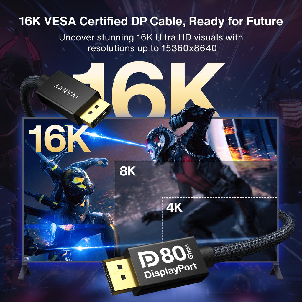 IVANKY 8K DisplayPort Cable 1.4, VESA Certified DP Cable 6.6ft (8K@60Hz, 4K@240Hz, 2K@240Hz)HBR3 Support 32.4Gbps, HDR, HDCP 2.2, FreeSync G-Sync, Braided Display Port for Gaming Monitor, Graphics, PC - Flex Gamingproduct_type