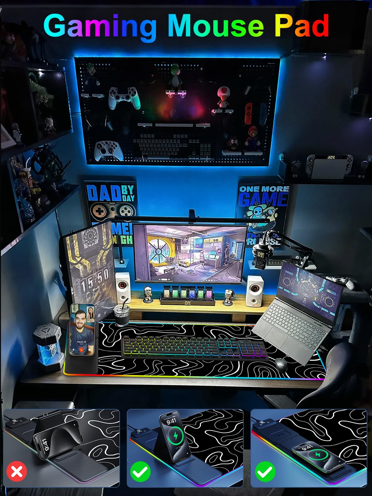 XXL Mouse Pad with Phone Holder - Black, RGB Desk Mat with 15W Fast Charging, LED Gaming Mousepad with 11 Light Colors, Waterproof Non-Slip Pad for Office & Home (Wave) - Flex Gamingproduct_type
