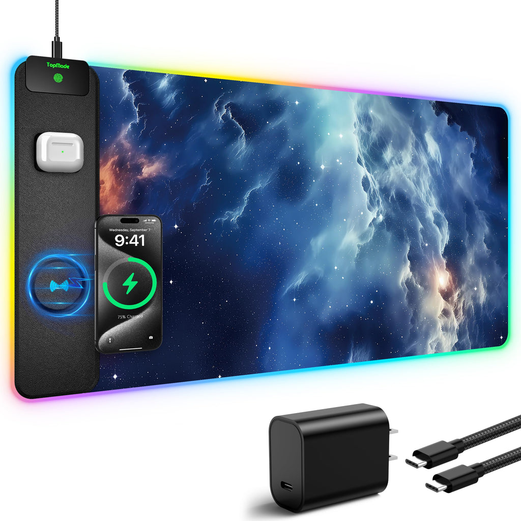 TopMade Wireless Charging RGB Mouse Pad, Waterproof Gaming Desk Mat with 4 Light Modes & 11 RGB Colors, 31.5"x15.75" XXL Large Desk Pad(Includes 20W PD Power Adapter & 6.56ft Woven Cable) - Flex Gamingproduct_type
