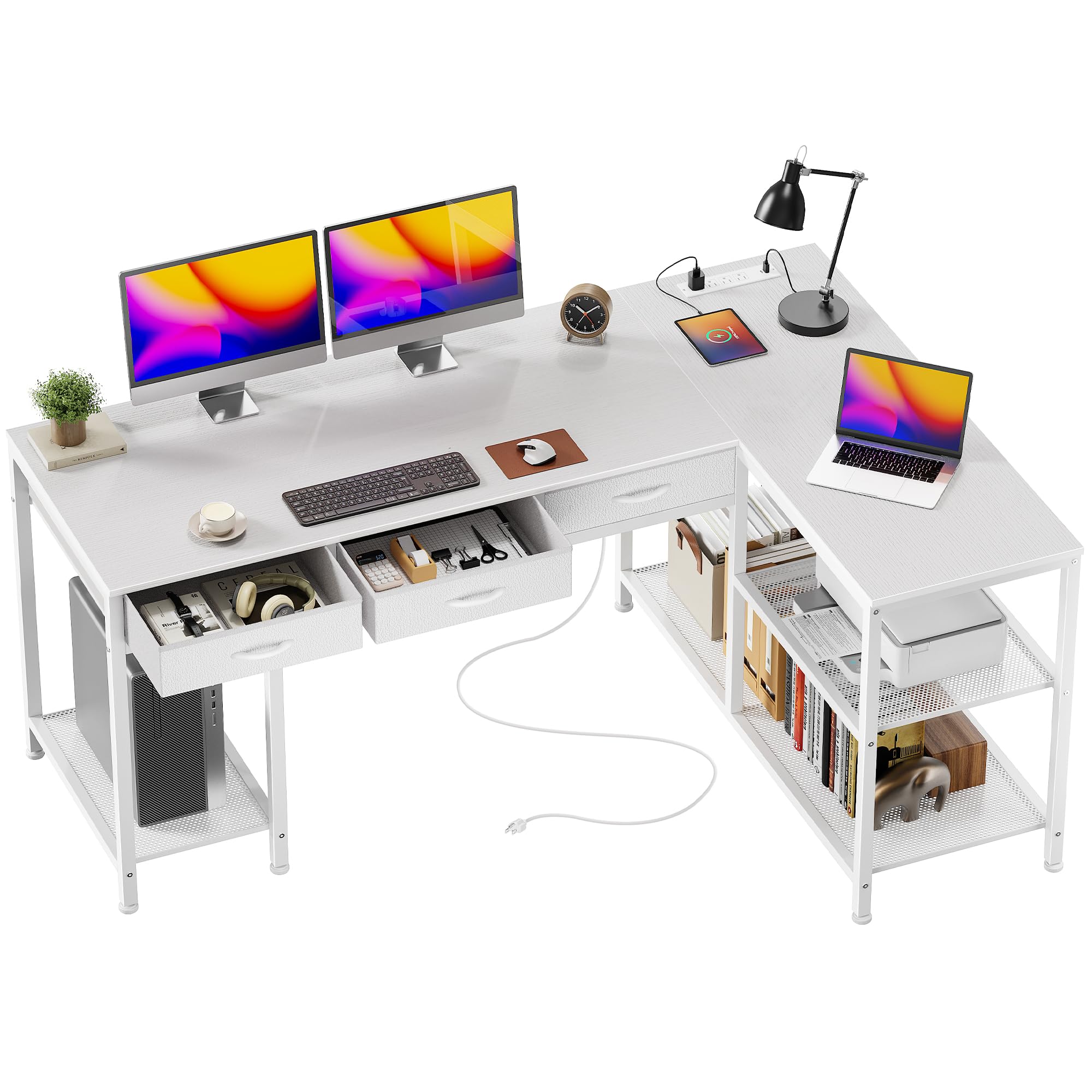 PRAISUN 55 Inch L Shaped Office Desk with Power Outlets and Type-C Port, Large Computer Gaming Desk with 3 Fabric Drawers, Mesh Shelves, Corner Study Work Writing Desk, Rustic Brown - Flex Gamingproduct_type