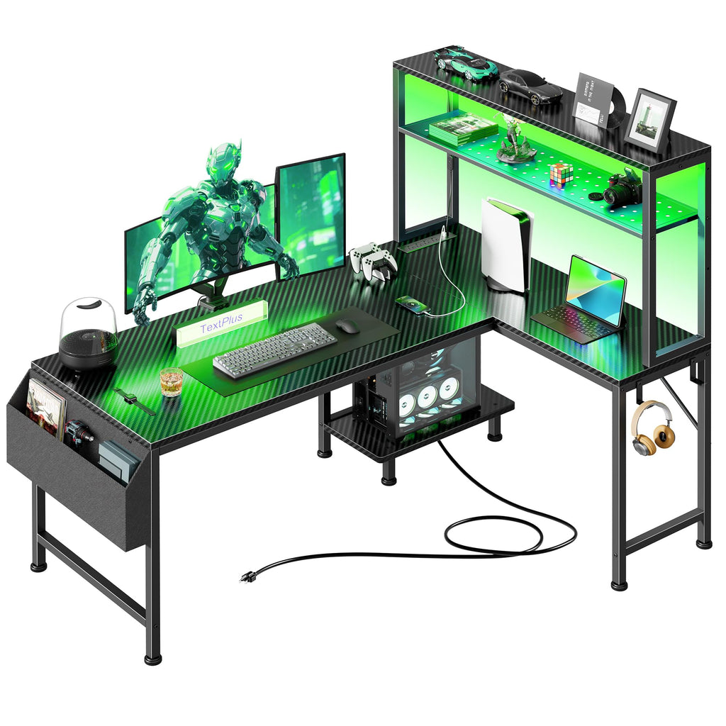 PRAISUN L Shaped Gaming Desk with LED Lights & Power Outlets, Reversible Computer Desk with Storage Shelves & Bag, Large Corner Home Office Desk with Pegboard for Work from Home, Black - Flex Gamingproduct_type