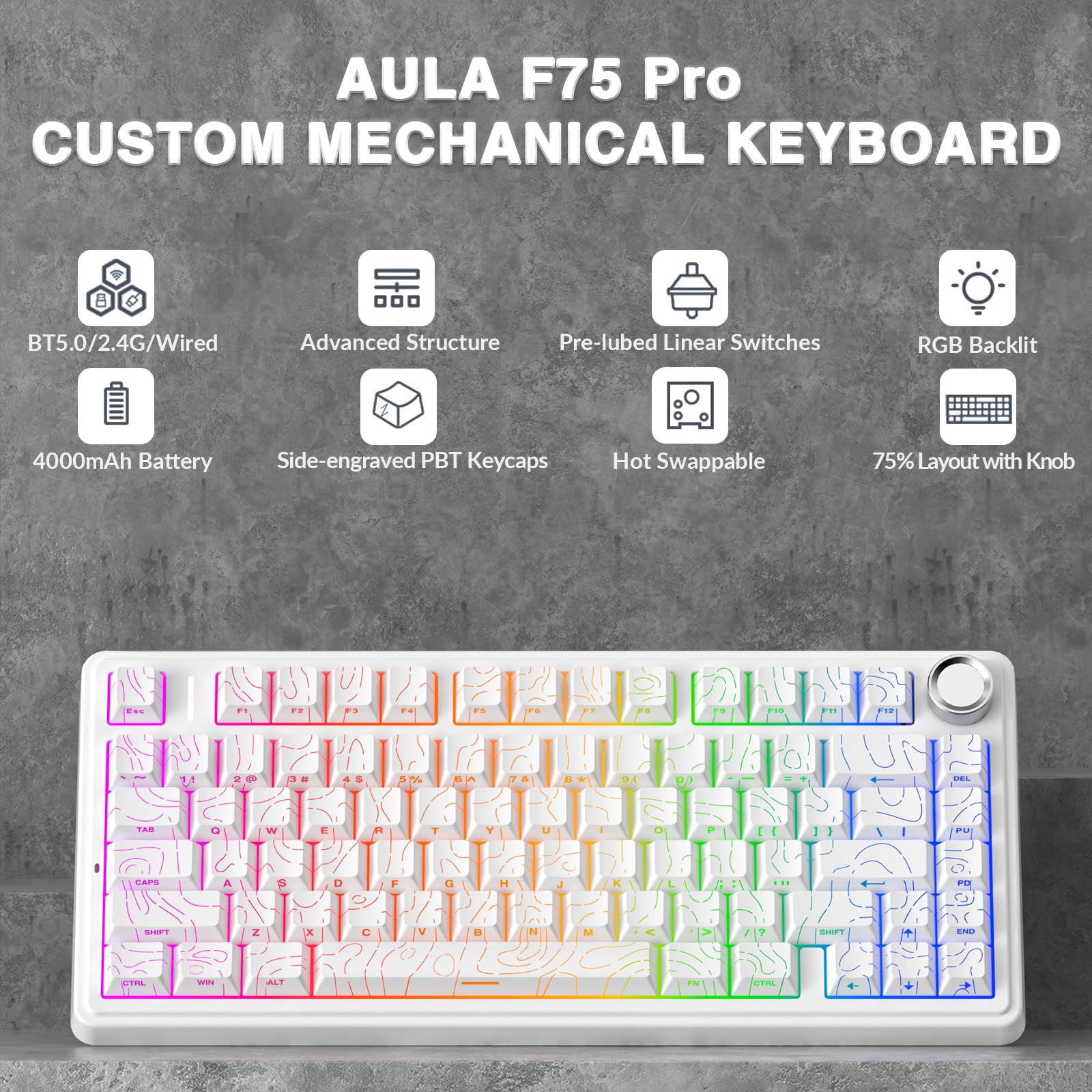 AULA F75 Pro Wireless Mechanical Keyboard,75% Hot Swappable Custom Keyboard with Knob,RGB Backlit,Pre-lubed Reaper Switches,Side Printed PBT Keycaps,2.4GHz/USB-C/BT5.0 Mechanical Gaming Keyboards - Flex Gamingproduct_type
