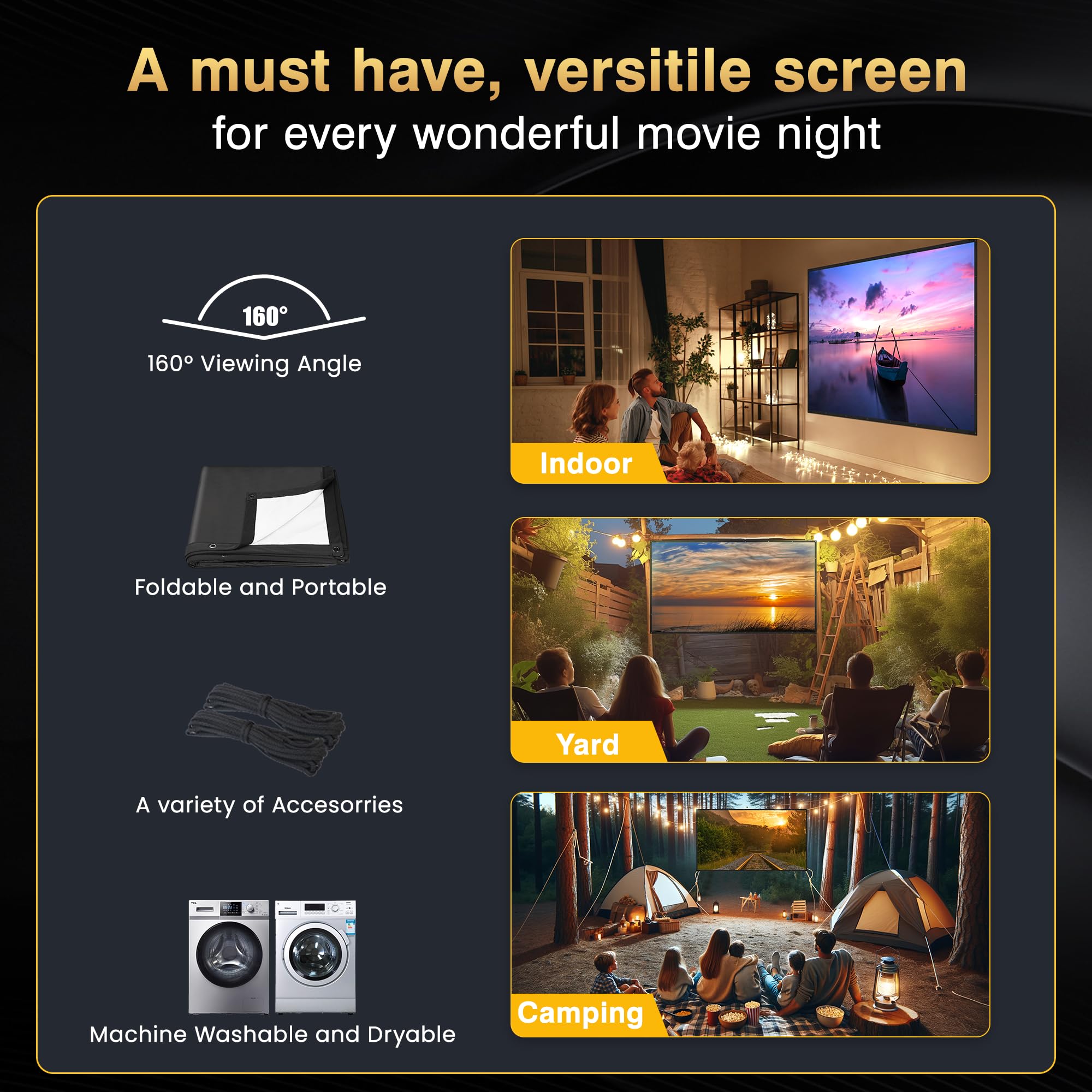 120 inch Projector Screen Upgraded- Black Backing, Straight Edges, Foldable, Washable and Wrinkle-Free - for Indoor Home Theater and Outdoor Cinema -White 16:9 by IOLIEO - Flex Gamingproduct_type