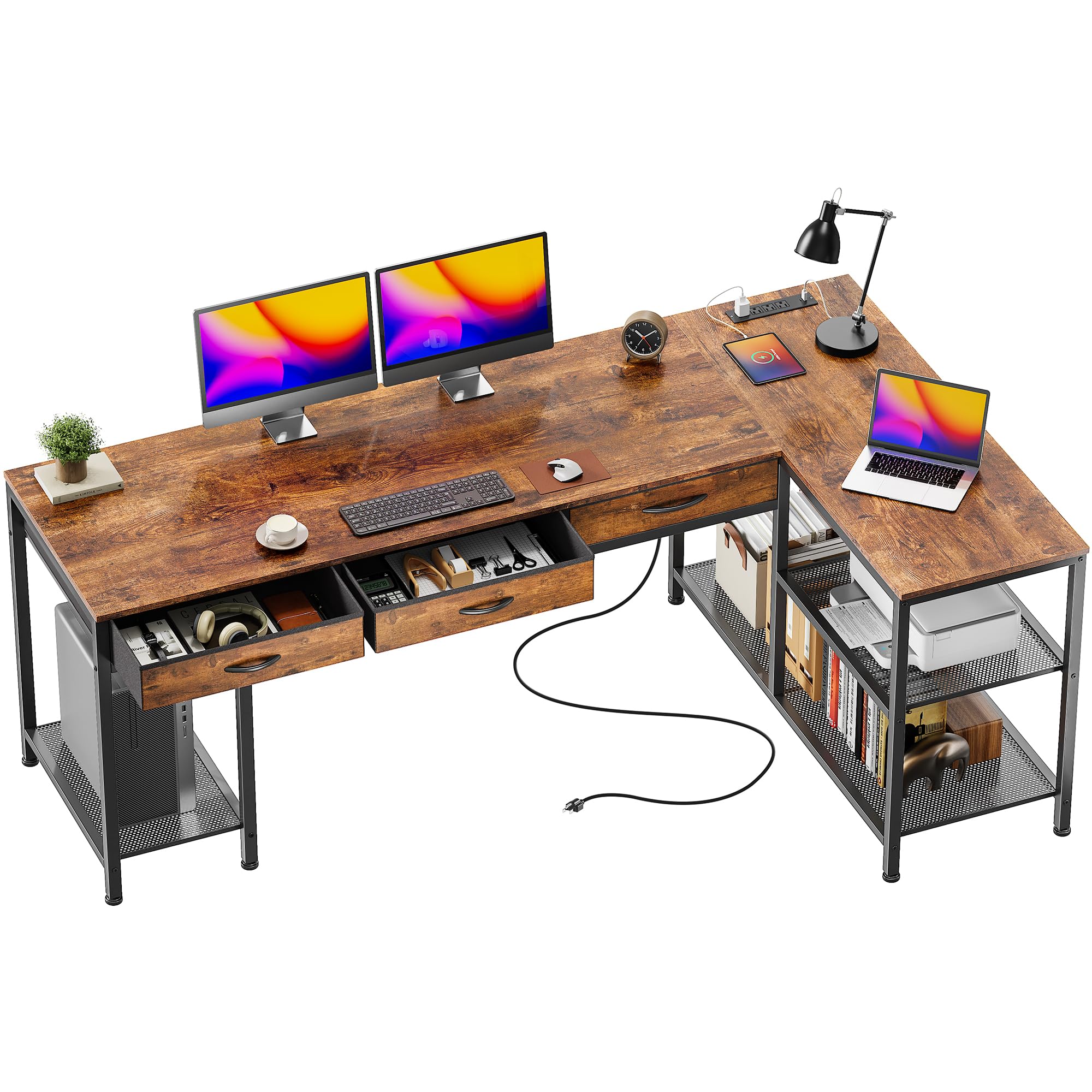 PRAISUN 55 Inch L Shaped Office Desk with Power Outlets and Type-C Port, Large Computer Gaming Desk with 3 Fabric Drawers, Mesh Shelves, Corner Study Work Writing Desk, Rustic Brown - Flex Gamingproduct_type