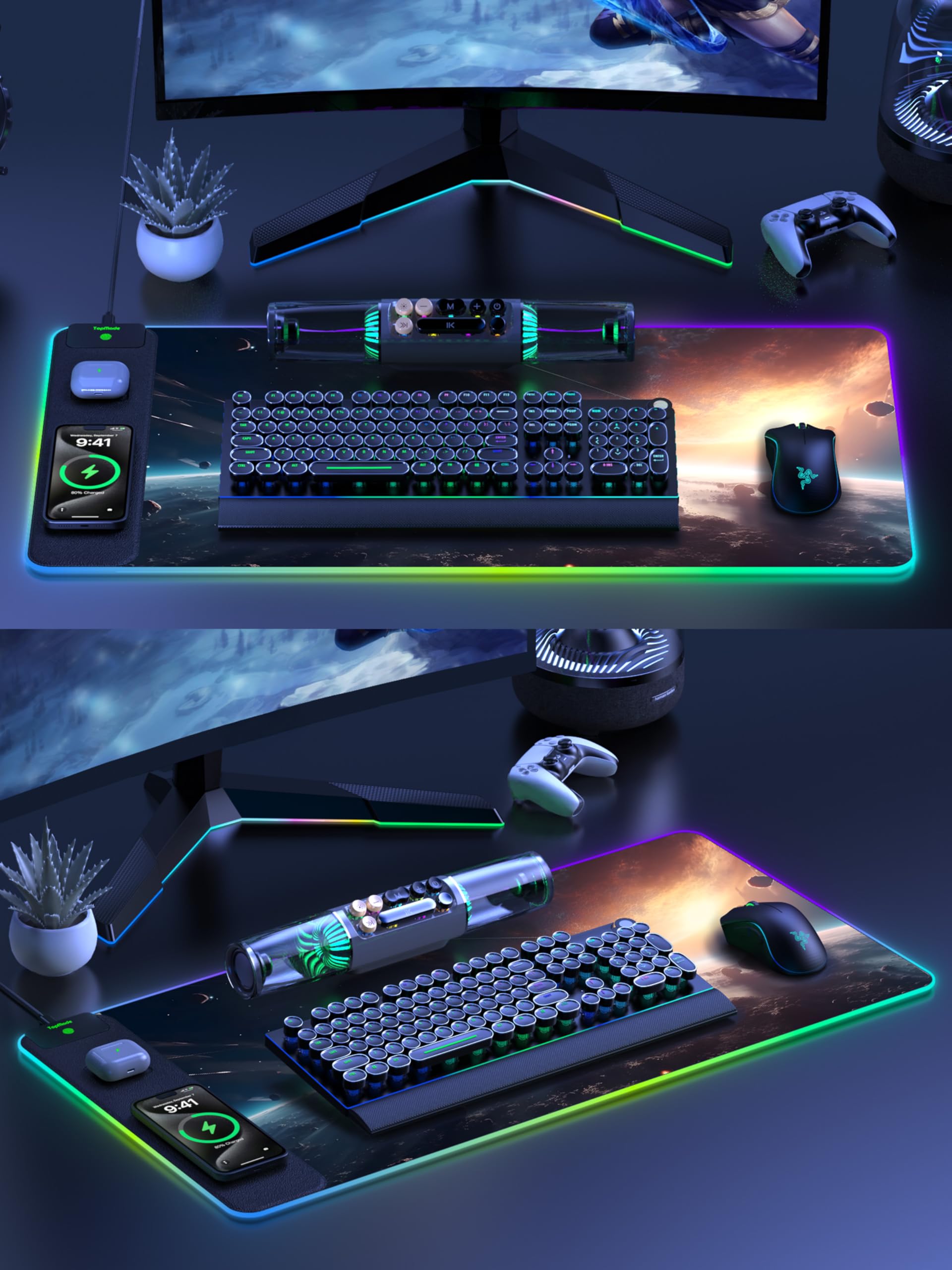TopMade Wireless Charging RGB Mouse Pad, Waterproof Gaming Desk Mat with 4 Light Modes & 11 RGB Colors, 31.5"x15.75" XXL Large Desk Pad(Includes 20W PD Power Adapter & 6.56ft Woven Cable) - Flex Gamingproduct_type