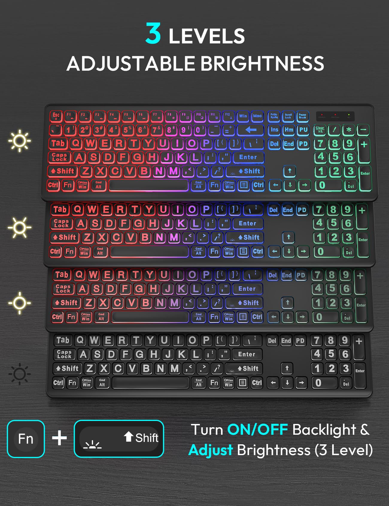 Wireless Keyboard and Mouse Combo, RGB Backlit, Rechargeable & Light Up Letters, Full-Size, Soft Typing, Sleep Mode, 2.4GHz Quiet Keyboard Set for Mac, Windows, Laptop, PC, Trueque KM42Pro (Black) - Flex Gamingproduct_type