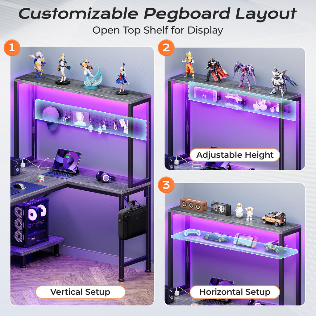 PRAISUN L Shaped Gaming Desk with LED Lights & Power Outlets, Reversible Computer Desk with Storage Shelves & Bag, Large Corner Home Office Desk with Pegboard for Work from Home, Black - Flex Gamingproduct_type