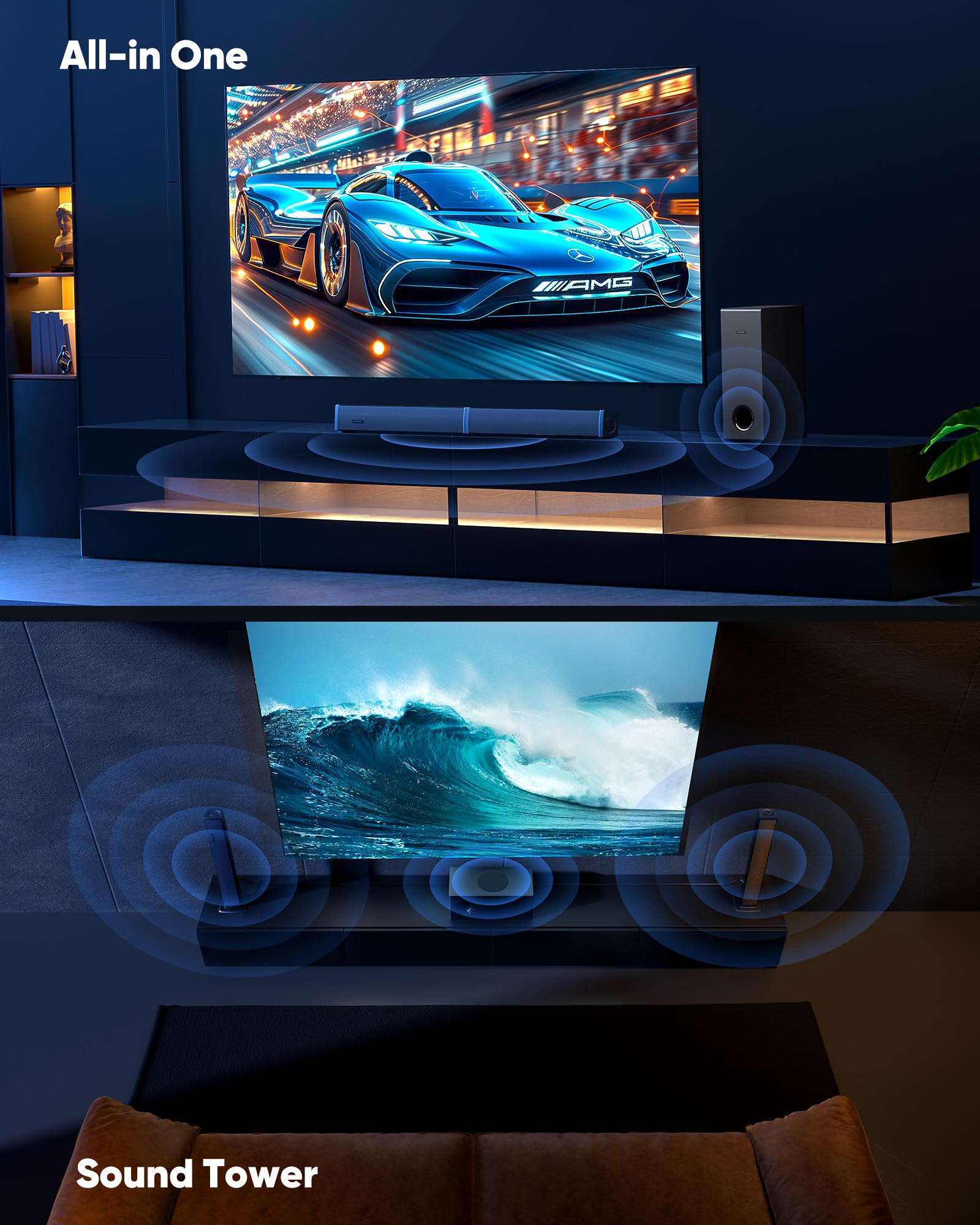 INFITBO Sound Bar for Smart TV 2.1CH 190W Peak Power Soundbar with Subwoofer Detachable 2-in-1 BT 5.4 Surround Sound System 12L Deep Bass for PC Game with HD-ARC/Opt/USB/AUX Home Theater - Flex Gamingproduct_type