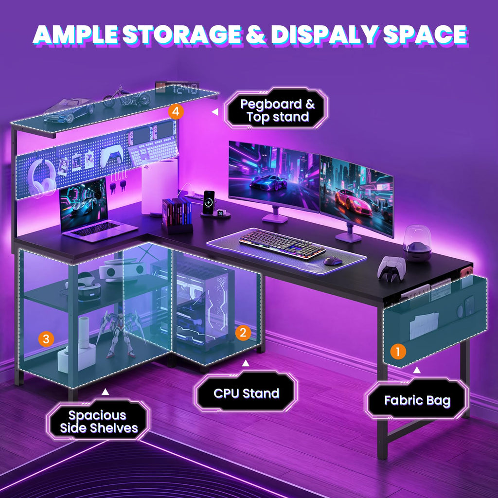Apicizon L Shaped Desk Gaming Desk with LED Light & Power Outlet, 47 Inch Reversible Computer Desk with Pegboard & Shelf & Storage Bag for Home Office, Black - Flex Gamingproduct_type