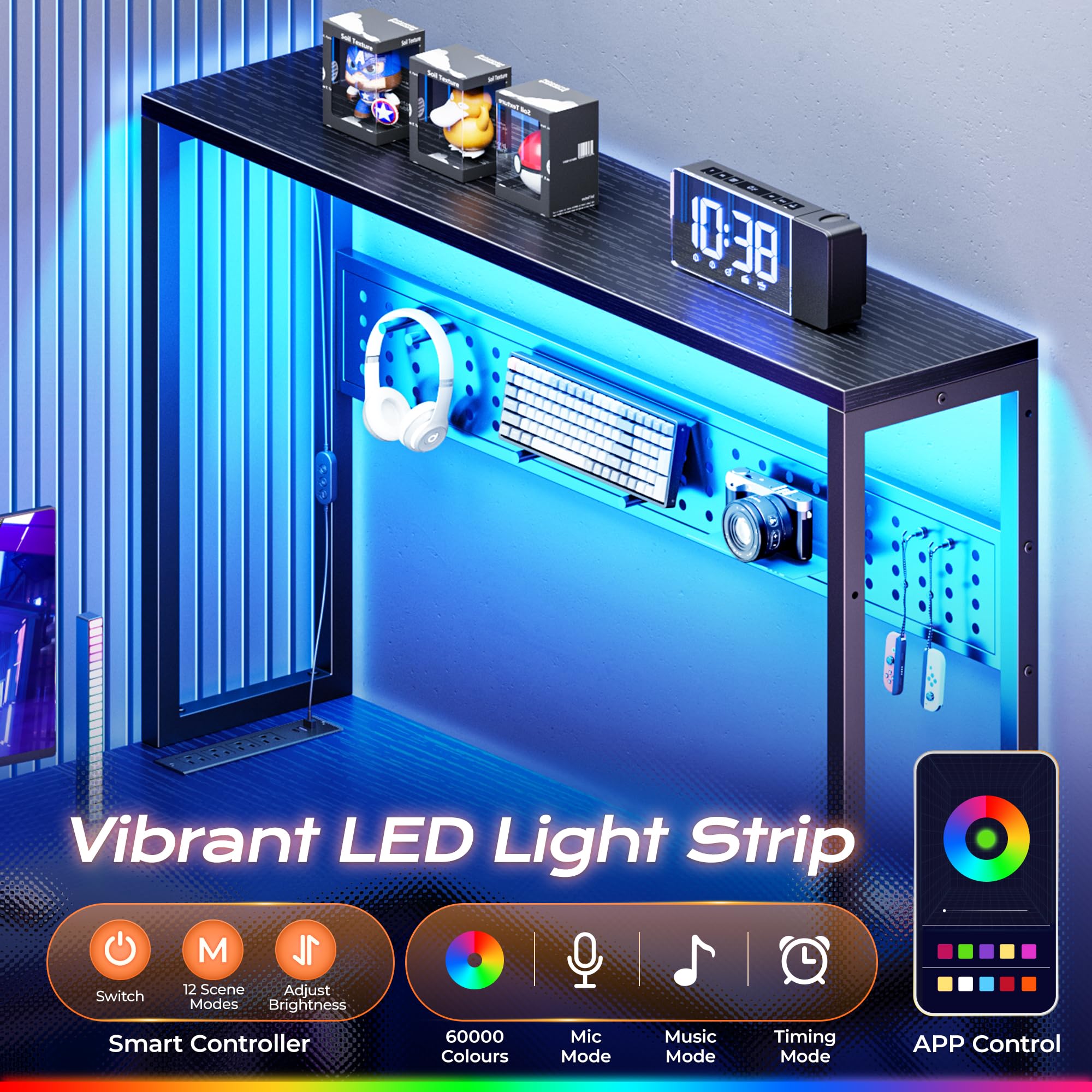 PRAISUN L Shaped Gaming Desk with LED Lights & Power Outlets, Reversible Computer Desk with Storage Shelves & Bag, Large Corner Home Office Desk with Pegboard for Work from Home, Black - Flex Gamingproduct_type