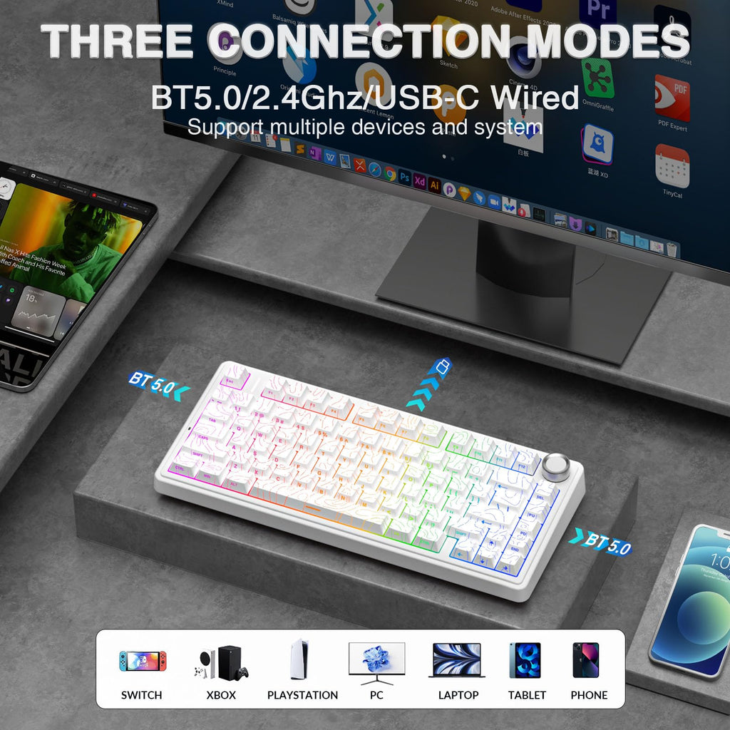AULA F75 Pro Wireless Mechanical Keyboard,75% Hot Swappable Custom Keyboard with Knob,RGB Backlit,Pre-lubed Reaper Switches,Side Printed PBT Keycaps,2.4GHz/USB-C/BT5.0 Mechanical Gaming Keyboards - Flex Gamingproduct_type
