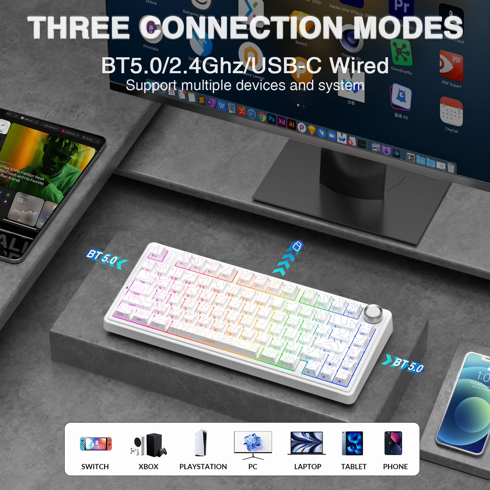 AULA F75 Pro Wireless Mechanical Keyboard,75% Hot Swappable Custom Keyboard with Knob,RGB Backlit,Pre-lubed Reaper Switches,Side Printed PBT Keycaps,2.4GHz/USB-C/BT5.0 Mechanical Gaming Keyboards - Flex Gamingproduct_type