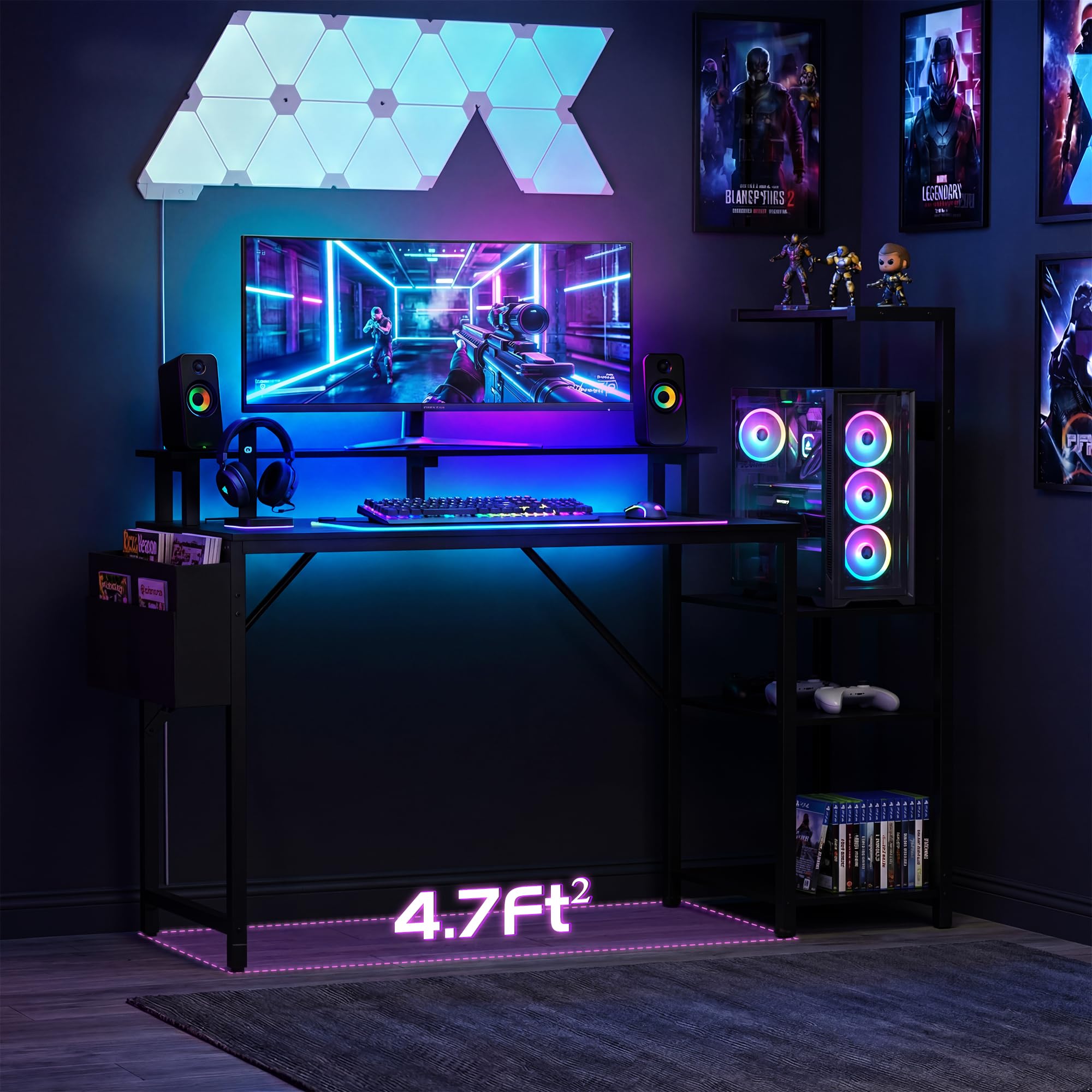 Apicizon 43 Inch Gaming Desk with LED Setup Style, Computer Desk with Storage Shelves & Monitor Stand, Reversible Workstation for Small Space, Home Office Desk Black - Flex Gamingproduct_type