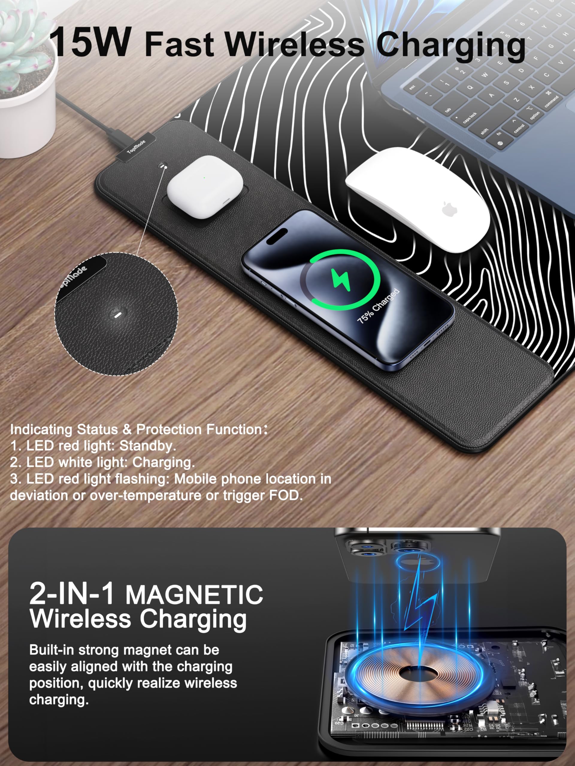 TopMade Wireless Charging RGB Mouse Pad, Waterproof Gaming Desk Mat with 4 Light Modes & 11 RGB Colors, 31.5"x15.75" XXL Large Desk Pad(Includes 20W PD Power Adapter & 6.56ft Woven Cable) - Flex Gamingproduct_type