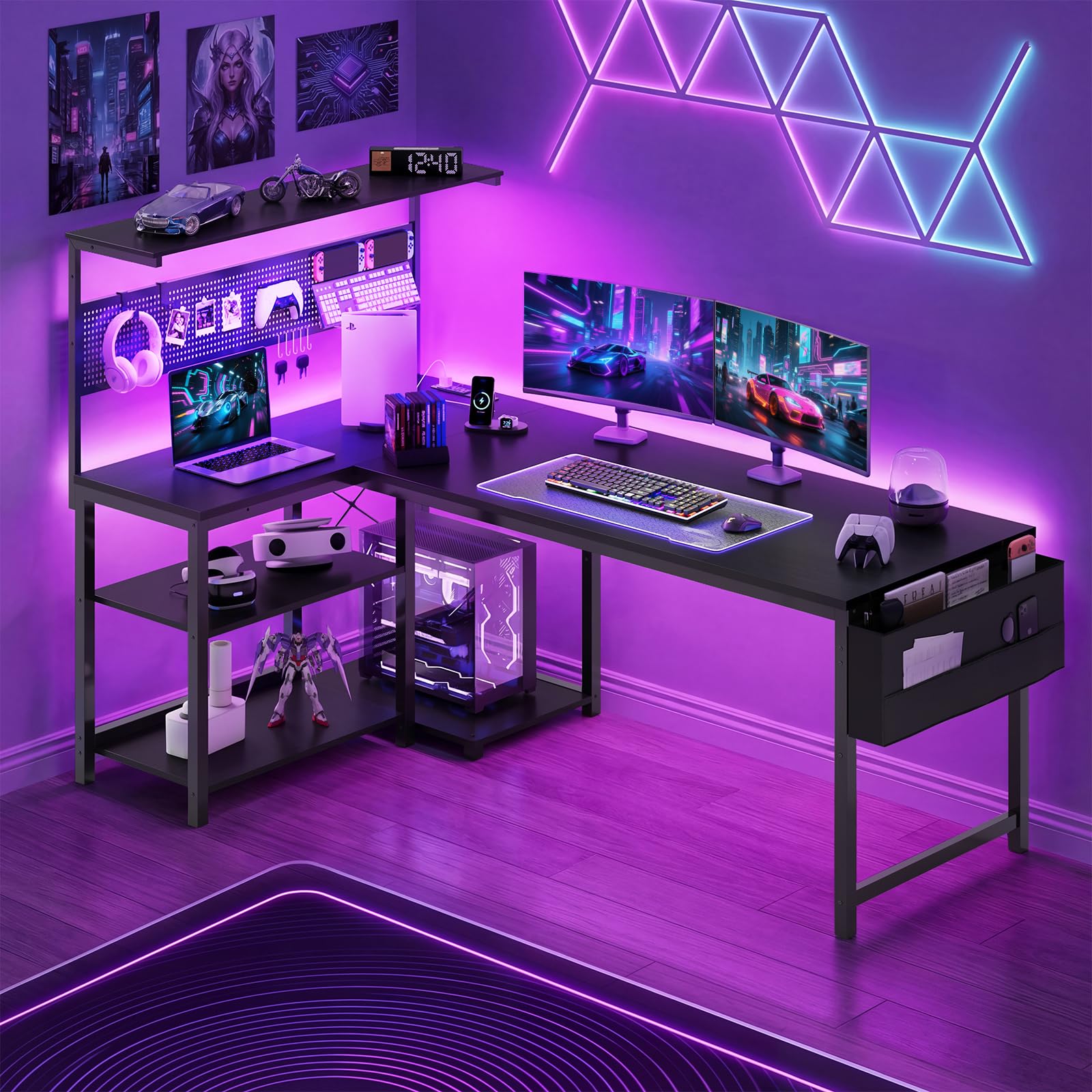 Apicizon L Shaped Desk Gaming Desk with LED Light & Power Outlet, 47 Inch Reversible Computer Desk with Pegboard & Shelf & Storage Bag for Home Office, Black - Flex Gamingproduct_type
