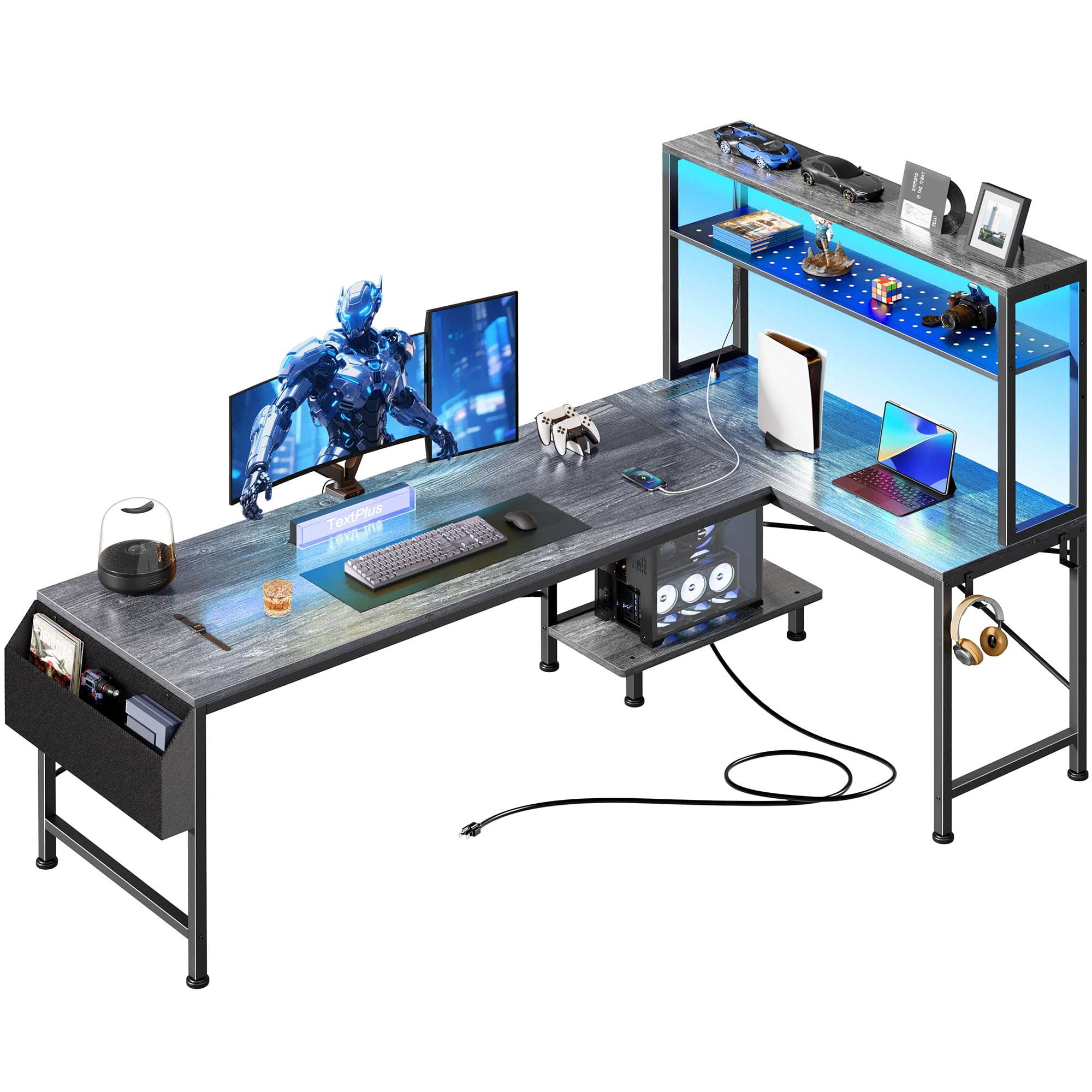 PRAISUN L Shaped Gaming Desk with LED Lights & Power Outlets, Reversible Computer Desk with Storage Shelves & Bag, Large Corner Home Office Desk with Pegboard for Work from Home, Black - Flex Gamingproduct_type