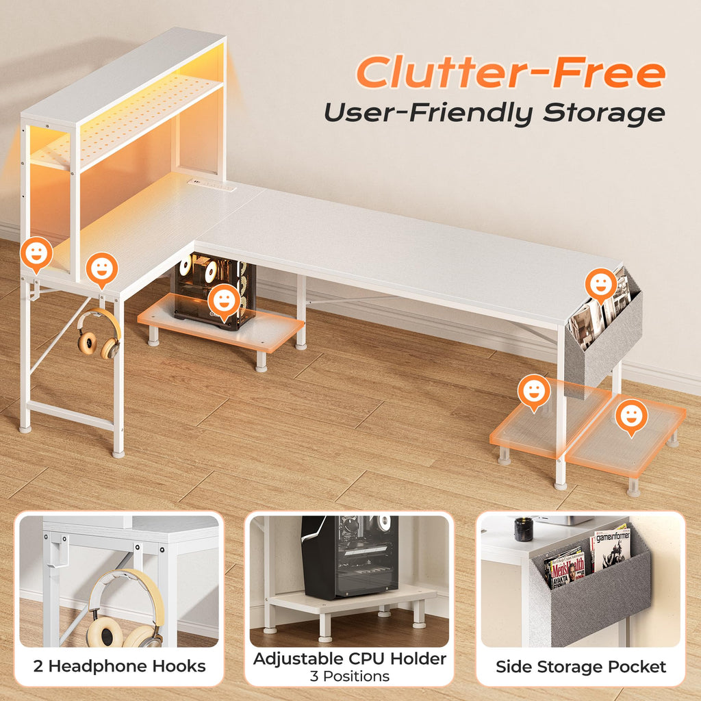 PRAISUN L Shaped Gaming Desk with LED Lights & Power Outlets, Reversible Computer Desk with Storage Shelves & Bag, Large Corner Home Office Desk with Pegboard for Work from Home, Black - Flex Gamingproduct_type