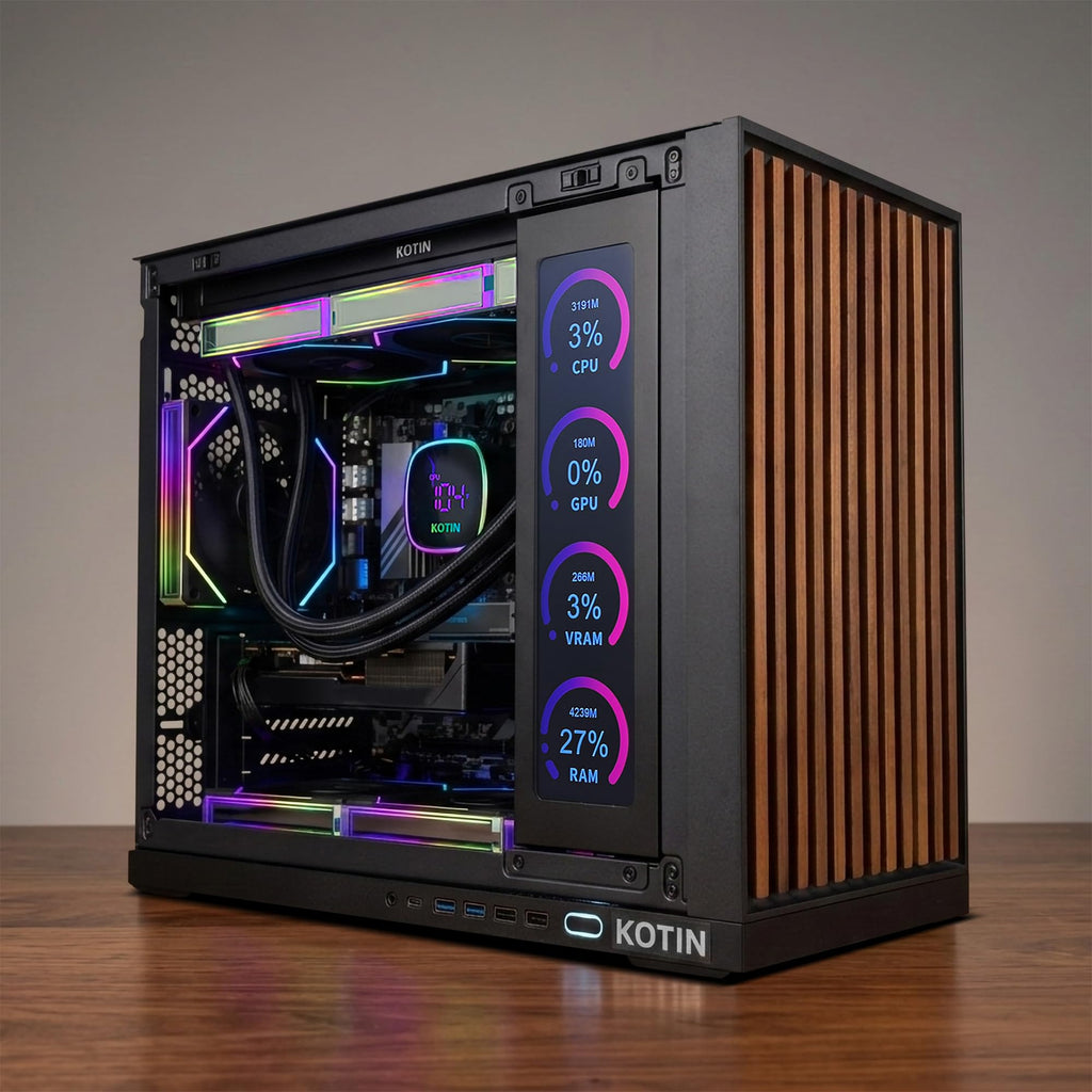 KOTIN Prebuilt Gaming PC RTX 5070 12GB, Ryzen 7 9700X, 32GB DDR5, 1TB SSD | 11.3in Secondary Display, 850W 80+ Gold PSU, 360mm Liquid Cooler, WiFi 7, 1440p 4K ARGB Windows 11 Gaming Desktop Computer - Flex Gamingproduct_type