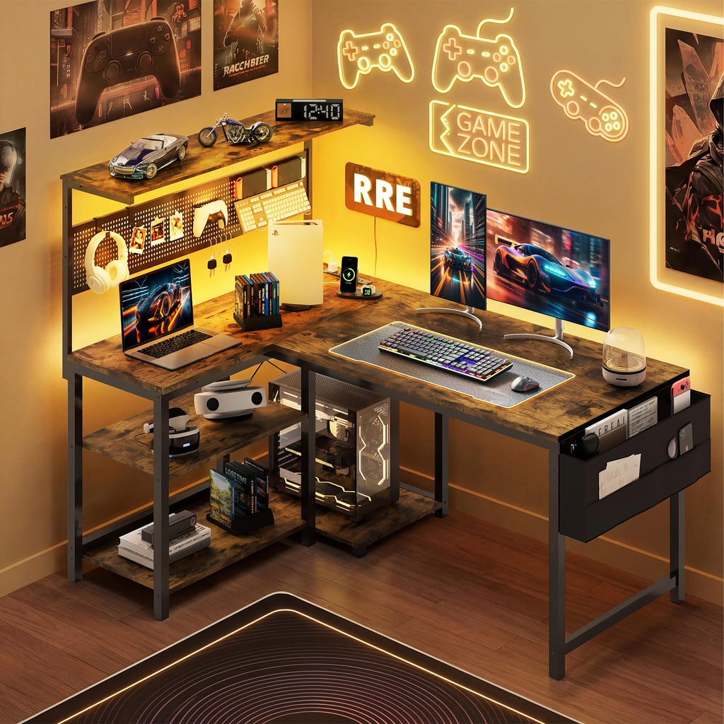 Apicizon L Shaped Desk Gaming Desk with LED Light & Power Outlet, 47 Inch Reversible Computer Desk with Pegboard & Shelf & Storage Bag for Home Office, Black - Flex Gamingproduct_type