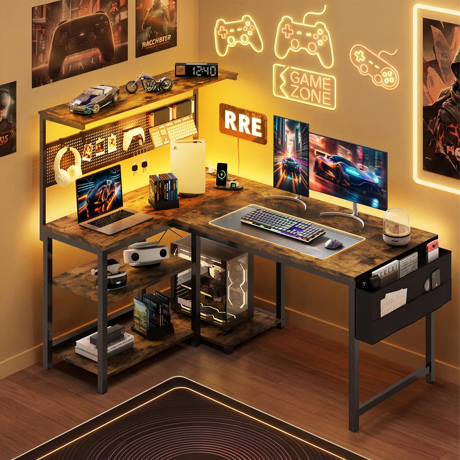 Apicizon L Shaped Desk Gaming Desk with LED Light & Power Outlet, 47 Inch Reversible Computer Desk with Pegboard & Shelf & Storage Bag for Home Office, Black - Flex Gamingproduct_type