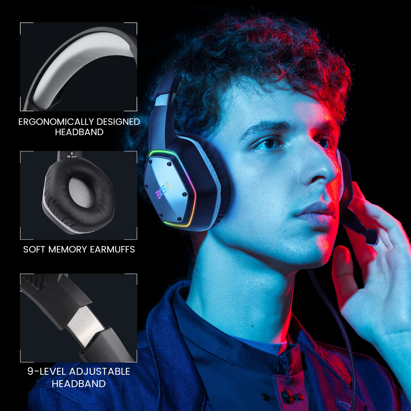 EKSA E1000 USB Gaming Headset for PC, Computer Headphones with Microphone/Mic Noise Cancelling, 7.1 Surround Sound, RGB Light - Wired Headphones for PS4, PS5 Console, Laptop, Call Center - Flex Gamingproduct_type