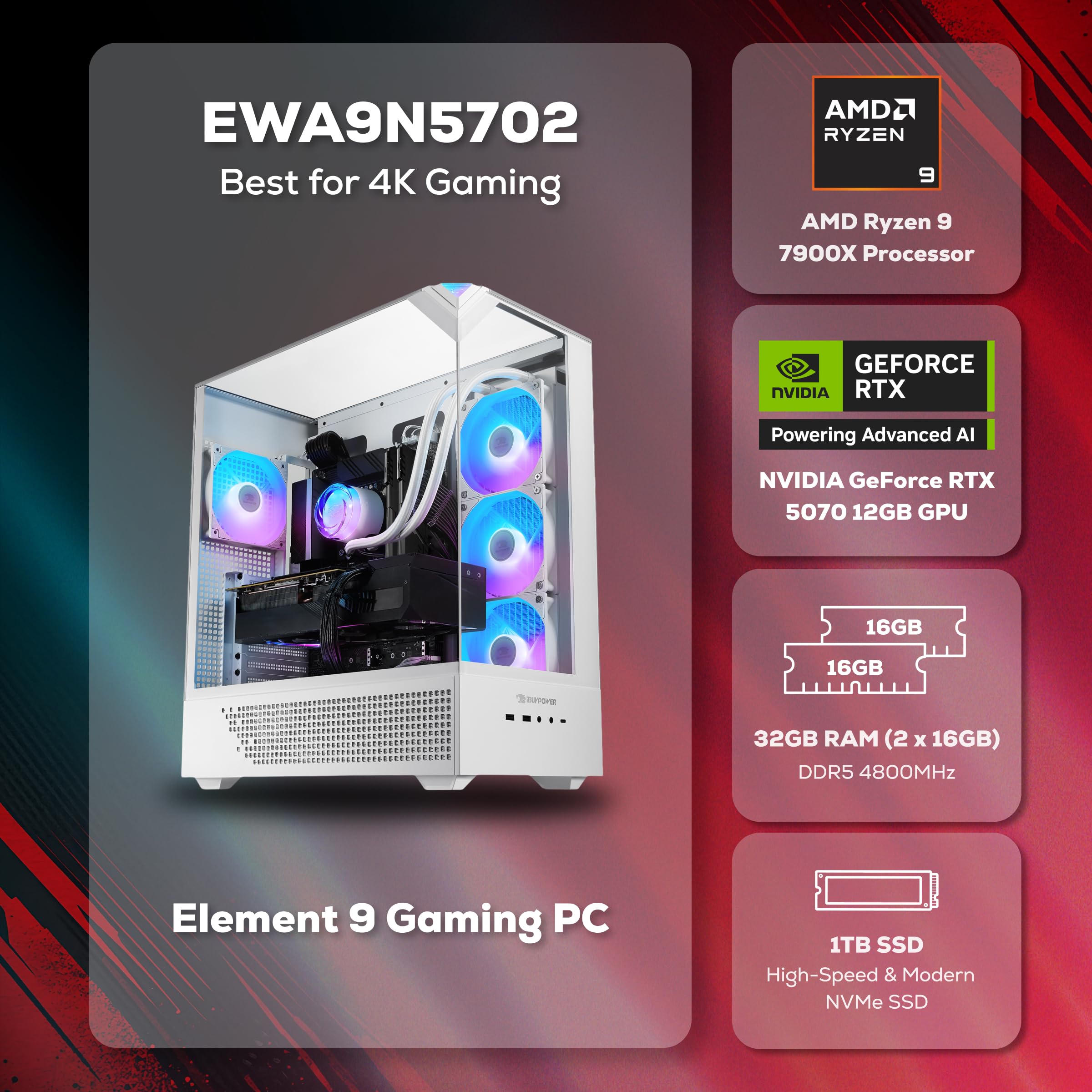 iBUYPOWER Element Gaming PC Desktop Computer AMD Ryzen 9 7900X CPU, NVIDIA GeForce RTX 5070 12GB GPU, 32GB DDR5 RAM, 1TB NVMe SSD, Windows 11 Home, Gamer Keyboard and Mouse - EWA9N5702 - Flex Gamingproduct_type