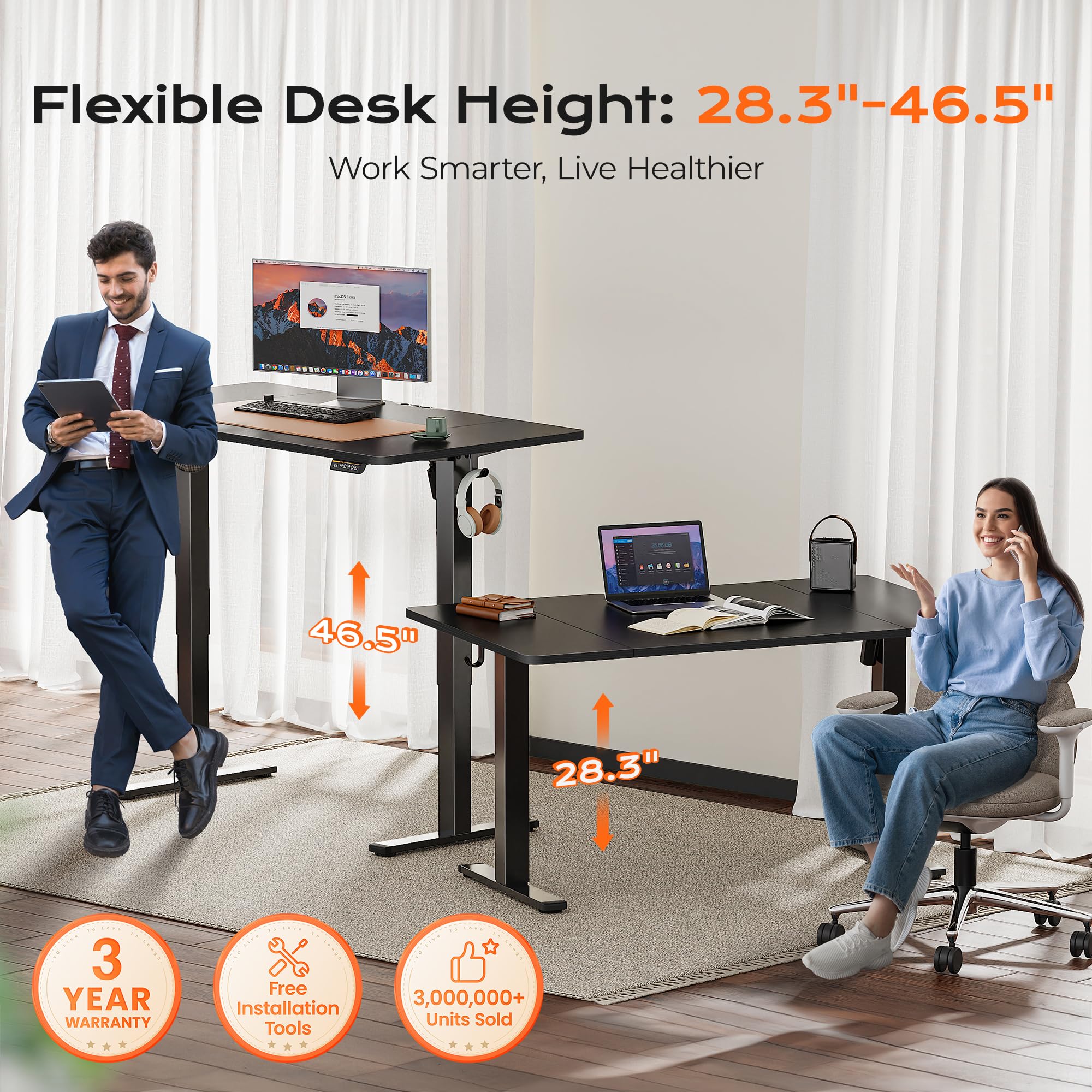 Huuger 55 x 28 Large Electric Standing Desk, Height Adjustable Computer Desk, 27.6" Deep Desktop, Stand up Gaming Office Table with 2 Hooks, 3 Preset Heights, for Home Office, Black - Flex Gamingproduct_type