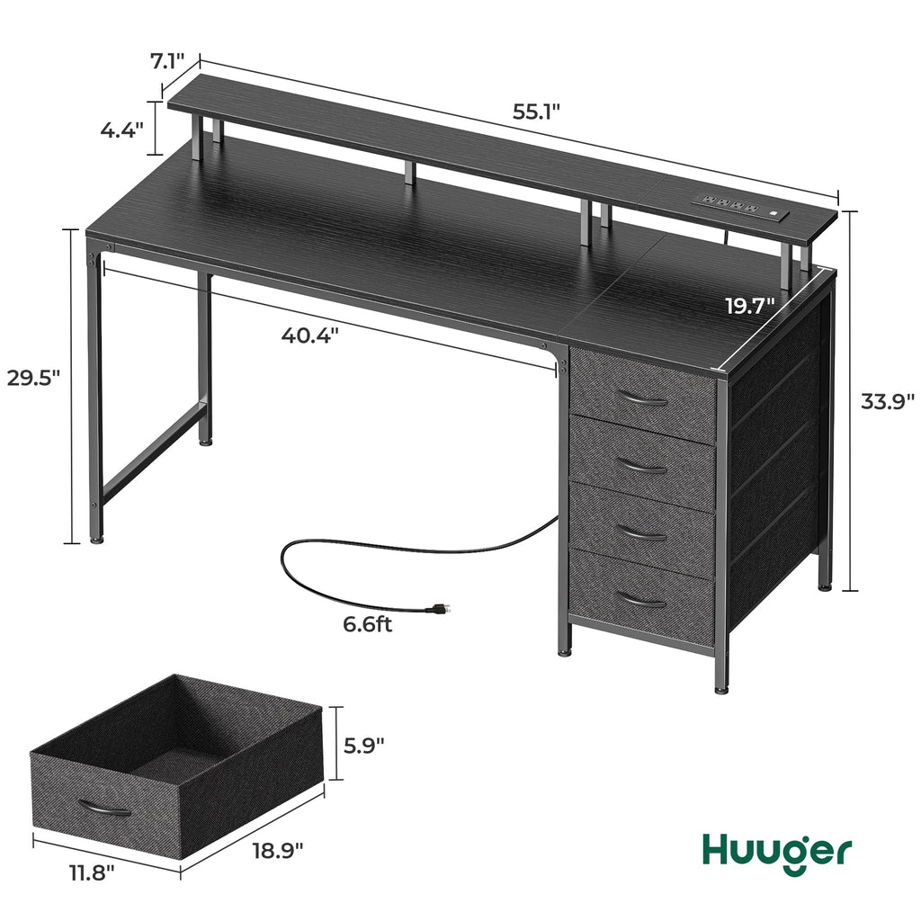 Huuger 47 Inch Computer Desk with Power Outlets and LED Lights, Gaming Desk with 4 Drawers, Office Desk with Monitor Stand, Study Work Home Office, Small Spaces, Black - Flex Gamingproduct_type