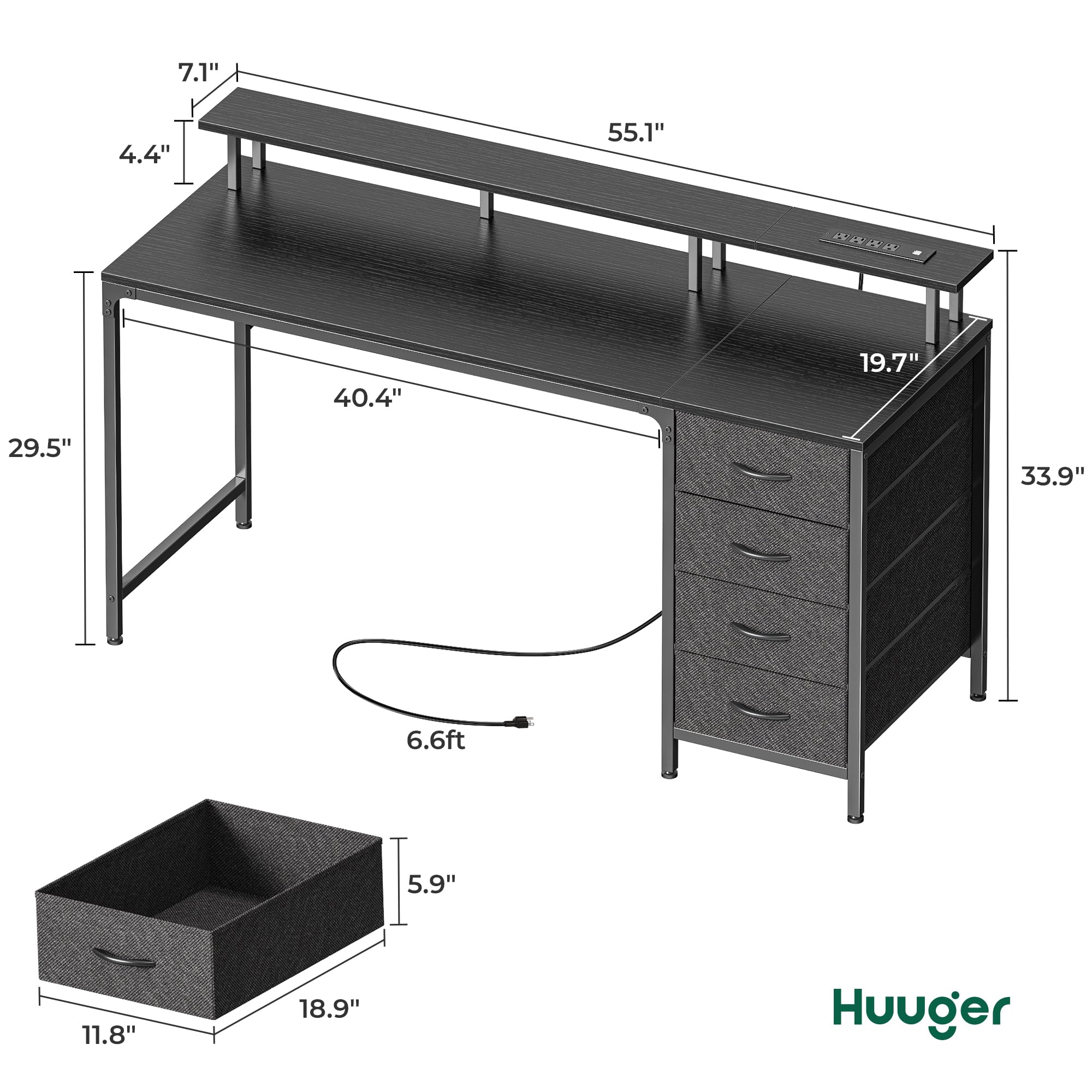Huuger 47 Inch Computer Desk with Power Outlets and LED Lights, Gaming Desk with 4 Drawers, Office Desk with Monitor Stand, Study Work Home Office, Small Spaces, Black - Flex Gamingproduct_type