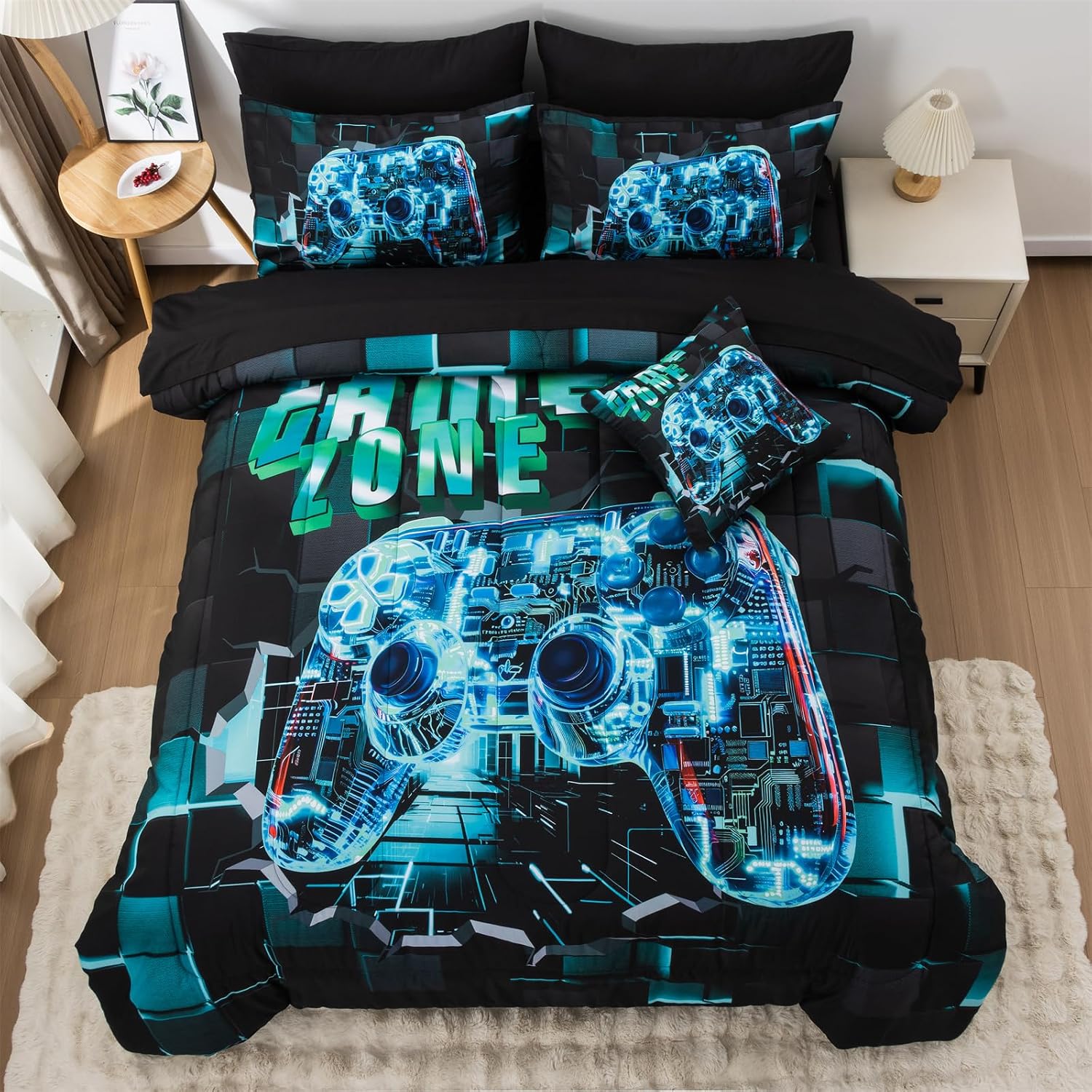 Aimuan Gamer Gaming Bedding Sets 3D Gamepad Comforter Sets for Boys Games Console Action Buttons Novelty Colorful Game Controller Modern Room Decor Home Quilt Set (Cyan, Twin 6PCS) - Flex Gamingproduct_type