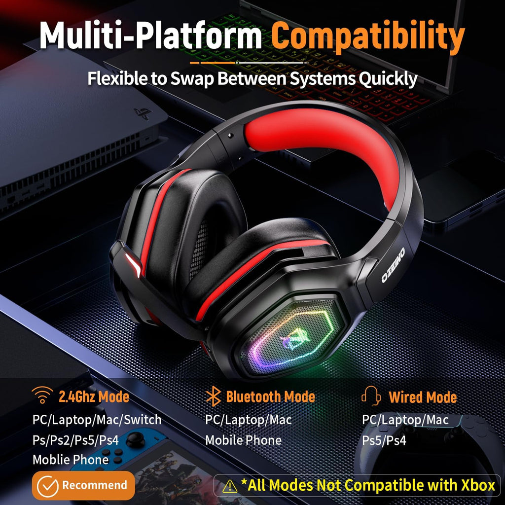 Ozeino 2.4GHz Wireless Gaming Headset for PC, Ps5, Ps4 - Lossless Audio USB & Type-C Ultra Stable Gaming Headphones with Flip Microphone, 40-Hr Battery Gamer Headset for Switch, Laptop, Mobile, Mac - Flex Gamingproduct_type