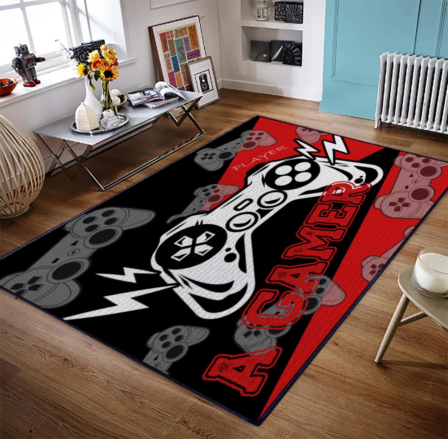 Sunnycitron Gaming Area Rugs Gamer Player Rug for Boys Room Decor Teens 3D Video Game Controller Mat for Bedroom Playroom Carpet Red (59"x39") - Flex Gamingproduct_type