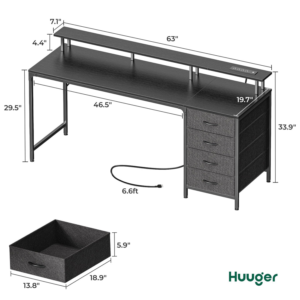 Huuger 47 Inch Computer Desk with Power Outlets and LED Lights, Gaming Desk with 4 Drawers, Office Desk with Monitor Stand, Study Work Home Office, Small Spaces, Black - Flex Gamingproduct_type