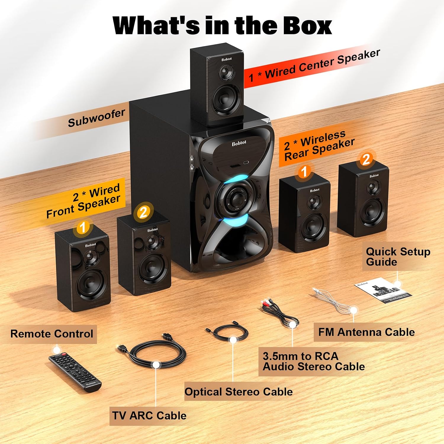 Bobtot Surround Sound Systems Wireless Rear Satellite Speakers - 1000W Peak Deep Bass 8 inch Subwoofer 5.1/2.1 Channel Home Theater System with ARC Optical Bluetooth Karaoke Input - Flex Gamingproduct_type