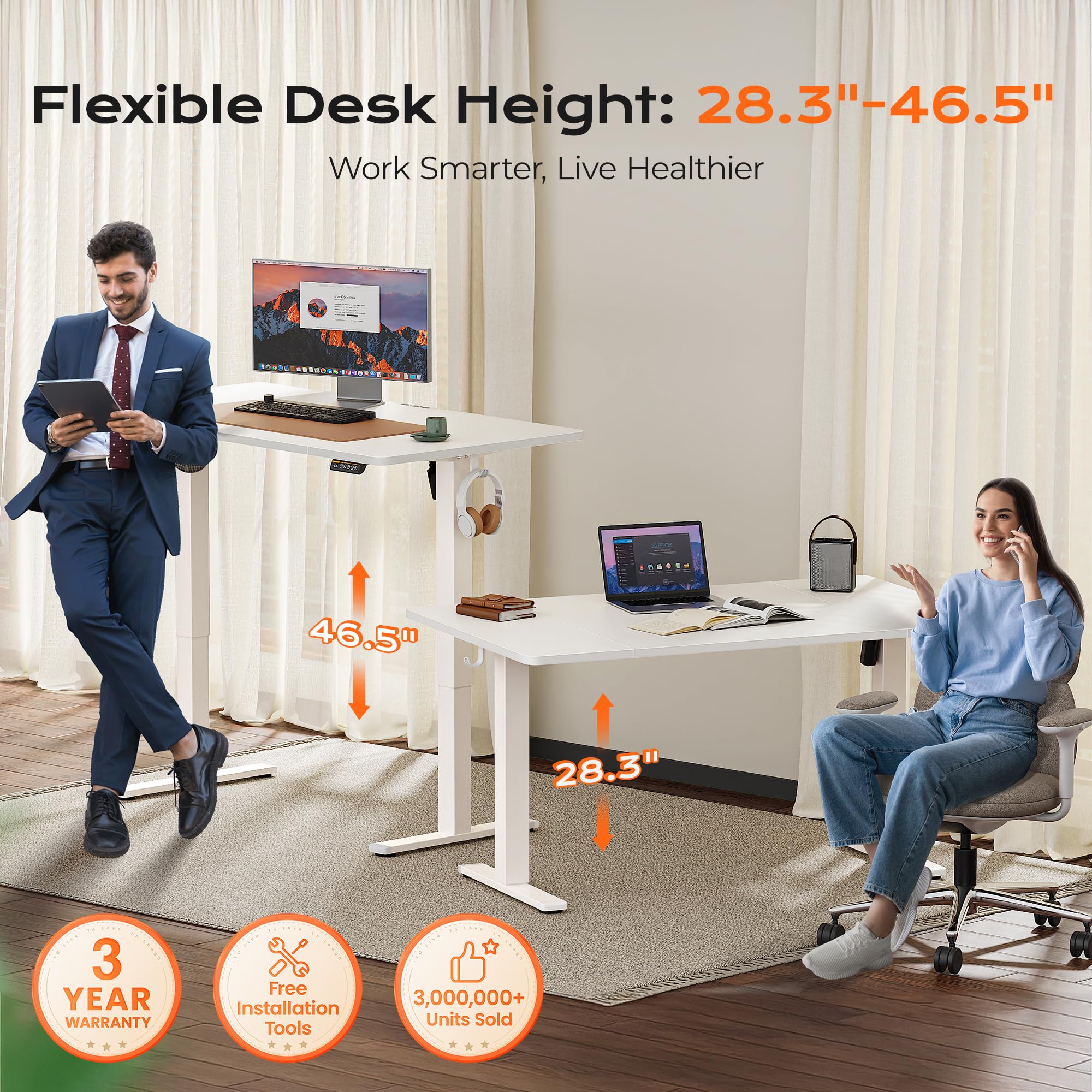 Huuger 55 x 28 Large Electric Standing Desk, Height Adjustable Computer Desk, 27.6" Deep Desktop, Stand up Gaming Office Table with 2 Hooks, 3 Preset Heights, for Home Office, Black - Flex Gamingproduct_type