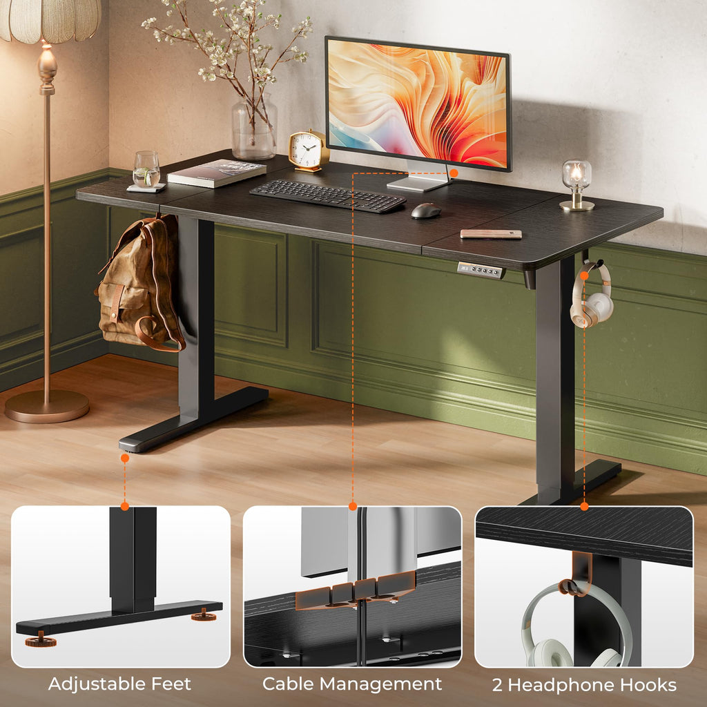 Huuger 55 x 28 Large Electric Standing Desk, Height Adjustable Computer Desk, 27.6" Deep Desktop, Stand up Gaming Office Table with 2 Hooks, 3 Preset Heights, for Home Office, Black - Flex Gamingproduct_type