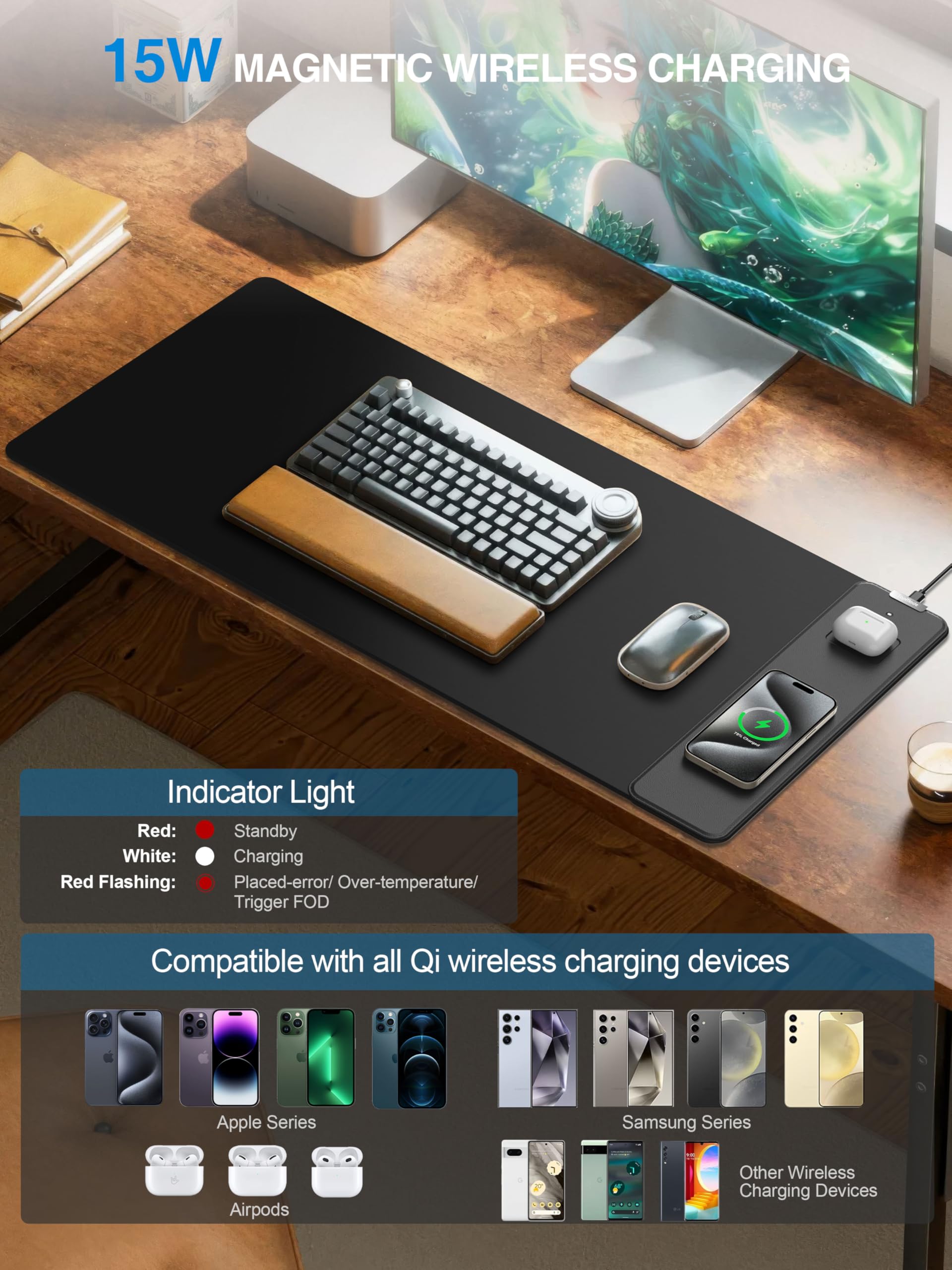 TopMade Wireless Charging RGB Mouse Pad, Waterproof Gaming Desk Mat with 4 Light Modes & 11 RGB Colors, 31.5"x15.75" XXL Large Desk Pad(Includes 20W PD Power Adapter & 6.56ft Woven Cable) - Flex Gamingproduct_type
