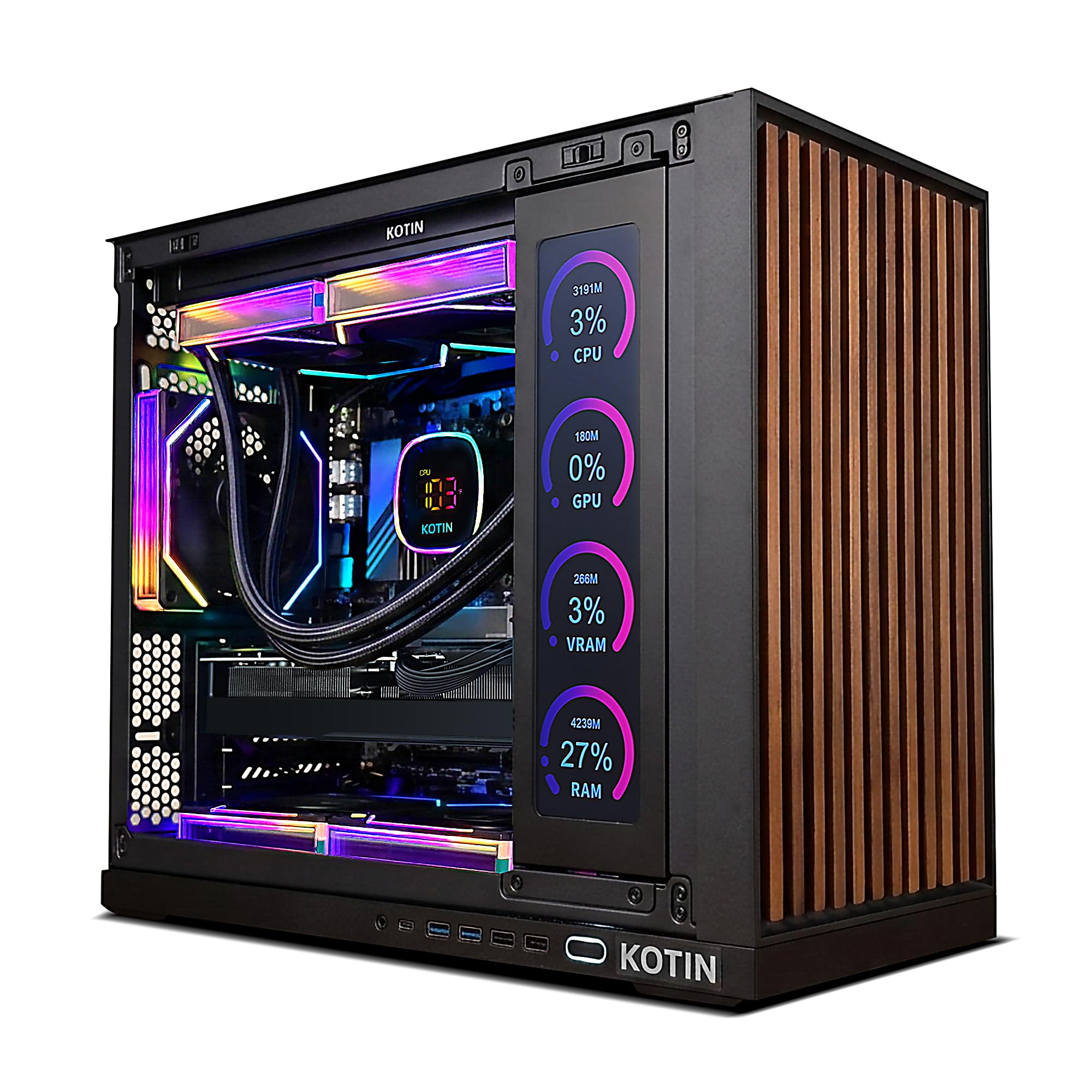 KOTIN Prebuilt Gaming PC RTX 5070 12GB, Ryzen 7 9700X, 32GB DDR5, 1TB SSD | 11.3in Secondary Display, 850W 80+ Gold PSU, 360mm Liquid Cooler, WiFi 7, 1440p 4K ARGB Windows 11 Gaming Desktop Computer - Flex Gamingproduct_type