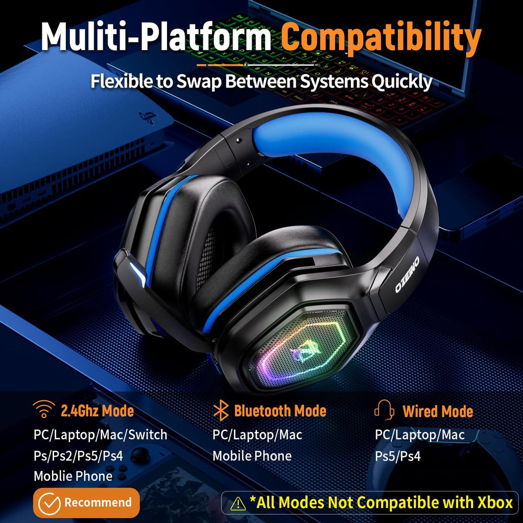 Ozeino 2.4GHz Wireless Gaming Headset for PC, Ps5, Ps4 - Lossless Audio USB & Type-C Ultra Stable Gaming Headphones with Flip Microphone, 40-Hr Battery Gamer Headset for Switch, Laptop, Mobile, Mac - Flex Gamingproduct_type