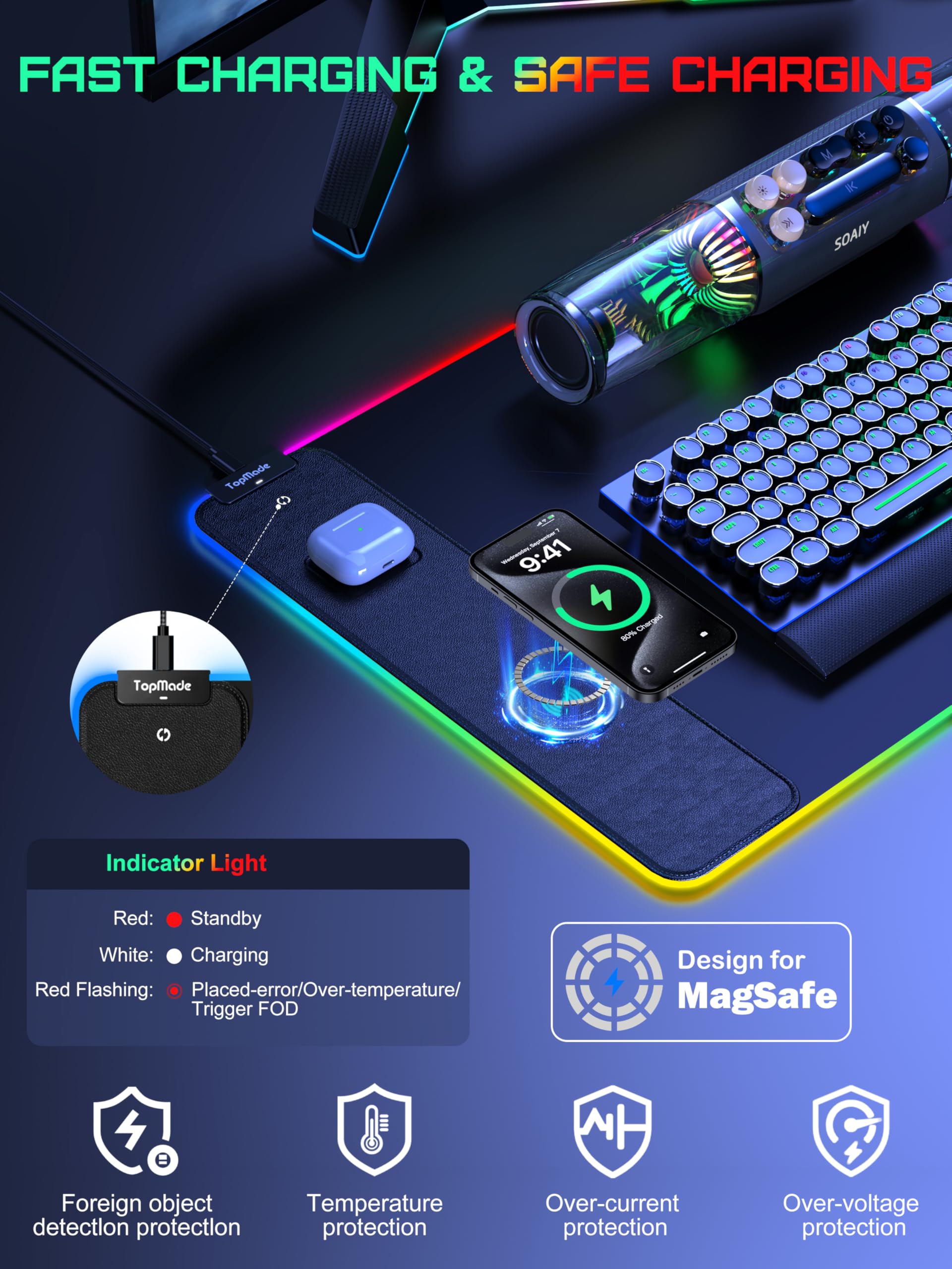 TopMade Wireless Charging RGB Mouse Pad, Waterproof Gaming Desk Mat with 4 Light Modes & 11 RGB Colors, 31.5"x15.75" XXL Large Desk Pad(Includes 20W PD Power Adapter & 6.56ft Woven Cable) - Flex Gamingproduct_type