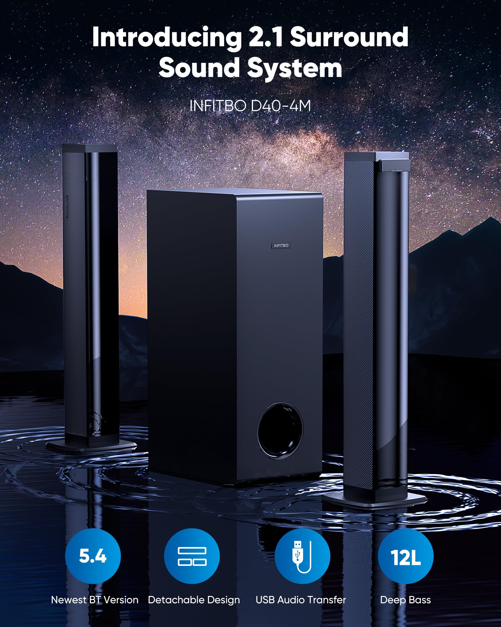 INFITBO Sound Bar for Smart TV 2.1CH 190W Peak Power Soundbar with Subwoofer Detachable 2-in-1 BT 5.4 Surround Sound System 12L Deep Bass for PC Game with HD-ARC/Opt/USB/AUX Home Theater - Flex Gamingproduct_type