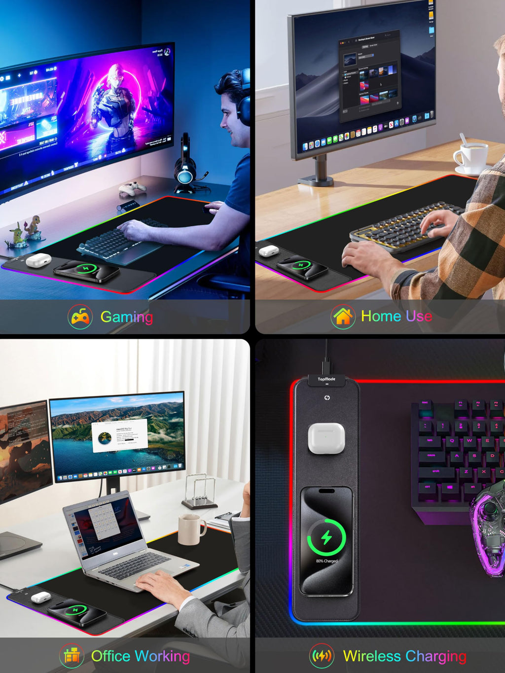 TopMade Wireless Charging RGB Mouse Pad, Waterproof Gaming Desk Mat with 4 Light Modes & 11 RGB Colors, 31.5"x15.75" XXL Large Desk Pad(Includes 20W PD Power Adapter & 6.56ft Woven Cable) - Flex Gamingproduct_type