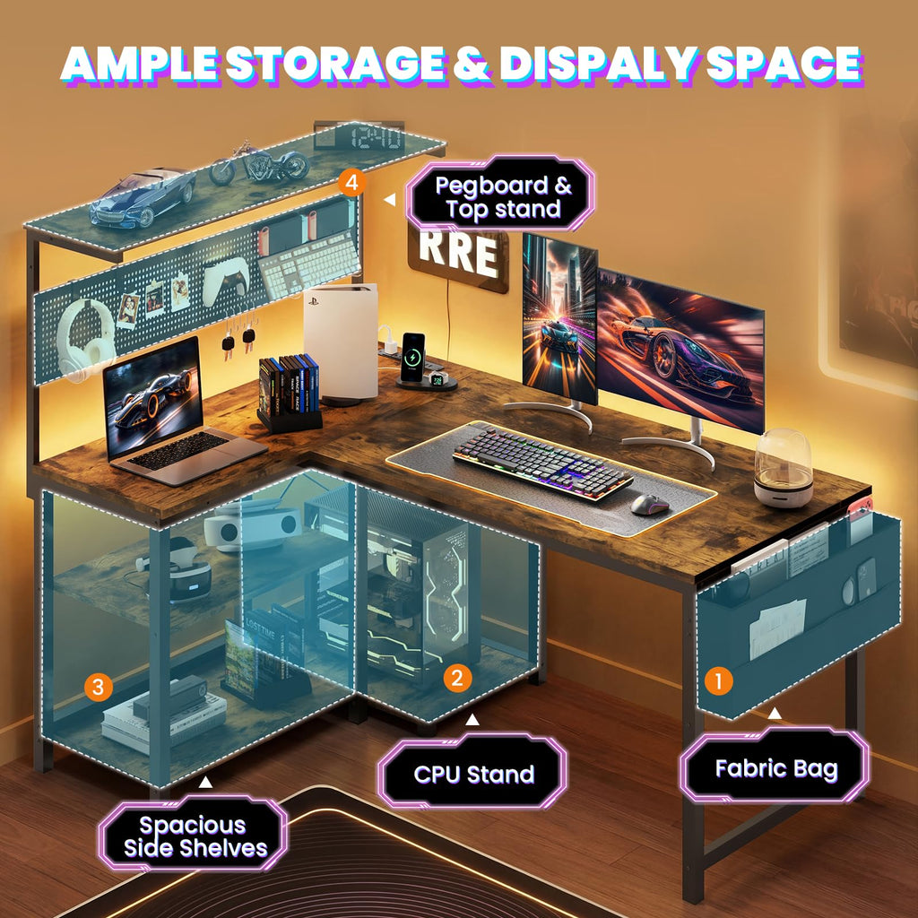 Apicizon L Shaped Desk Gaming Desk with LED Light & Power Outlet, 47 Inch Reversible Computer Desk with Pegboard & Shelf & Storage Bag for Home Office, Black - Flex Gamingproduct_type