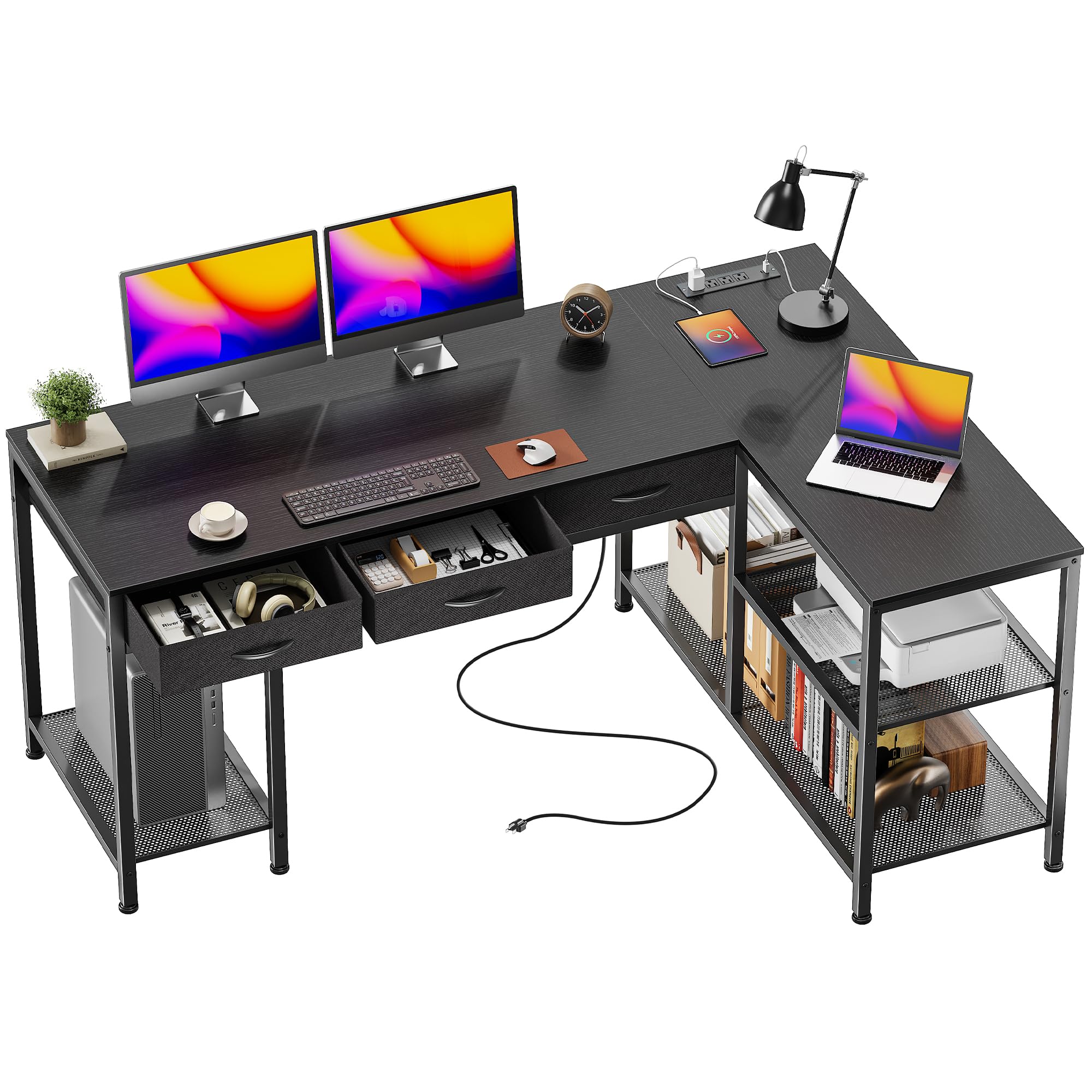 PRAISUN 55 Inch L Shaped Office Desk with Power Outlets and Type-C Port, Large Computer Gaming Desk with 3 Fabric Drawers, Mesh Shelves, Corner Study Work Writing Desk, Rustic Brown - Flex Gamingproduct_type
