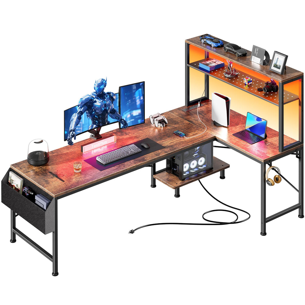PRAISUN L Shaped Gaming Desk with LED Lights & Power Outlets, Reversible Computer Desk with Storage Shelves & Bag, Large Corner Home Office Desk with Pegboard for Work from Home, Black - Flex Gamingproduct_type