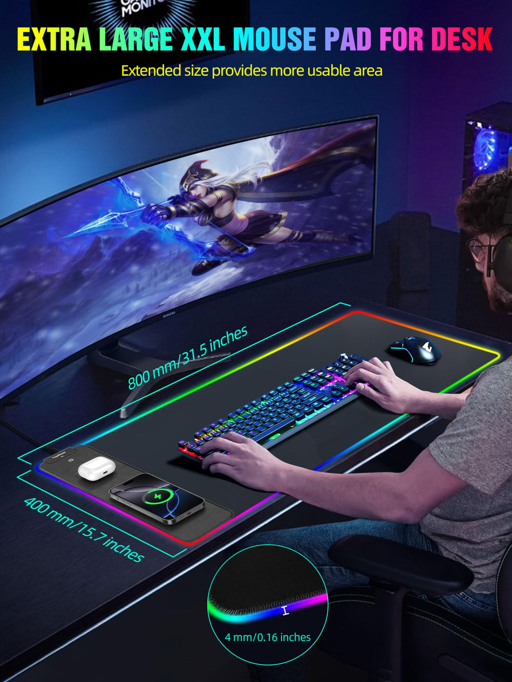 TopMade Wireless Charging RGB Mouse Pad, Waterproof Gaming Desk Mat with 4 Light Modes & 11 RGB Colors, 31.5"x15.75" XXL Large Desk Pad(Includes 20W PD Power Adapter & 6.56ft Woven Cable) - Flex Gamingproduct_type