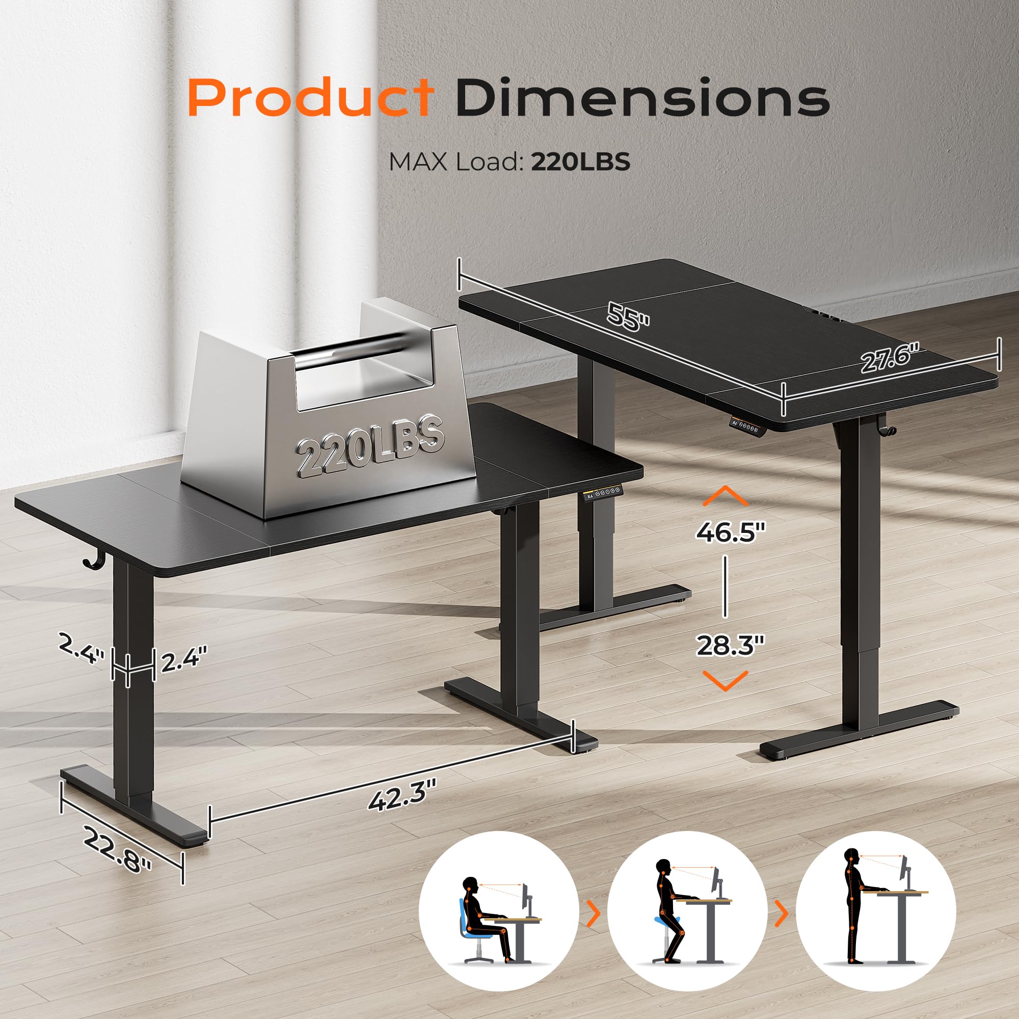 Huuger 55 x 28 Large Electric Standing Desk, Height Adjustable Computer Desk, 27.6" Deep Desktop, Stand up Gaming Office Table with 2 Hooks, 3 Preset Heights, for Home Office, Black - Flex Gamingproduct_type